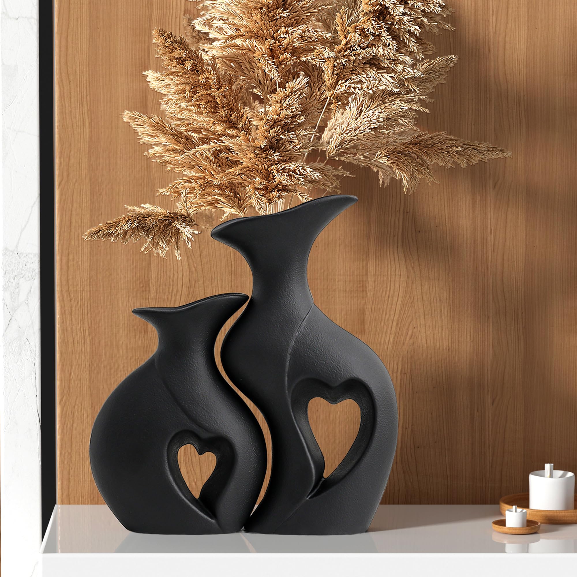 XL Black and White Vase Set of 2,Heart Shaped Ceramic Vases Home Decor,Minimalist Decorative Vases,Modern Home Decor for Wedding Dining Living Room Office Coffee Table Centerpiece