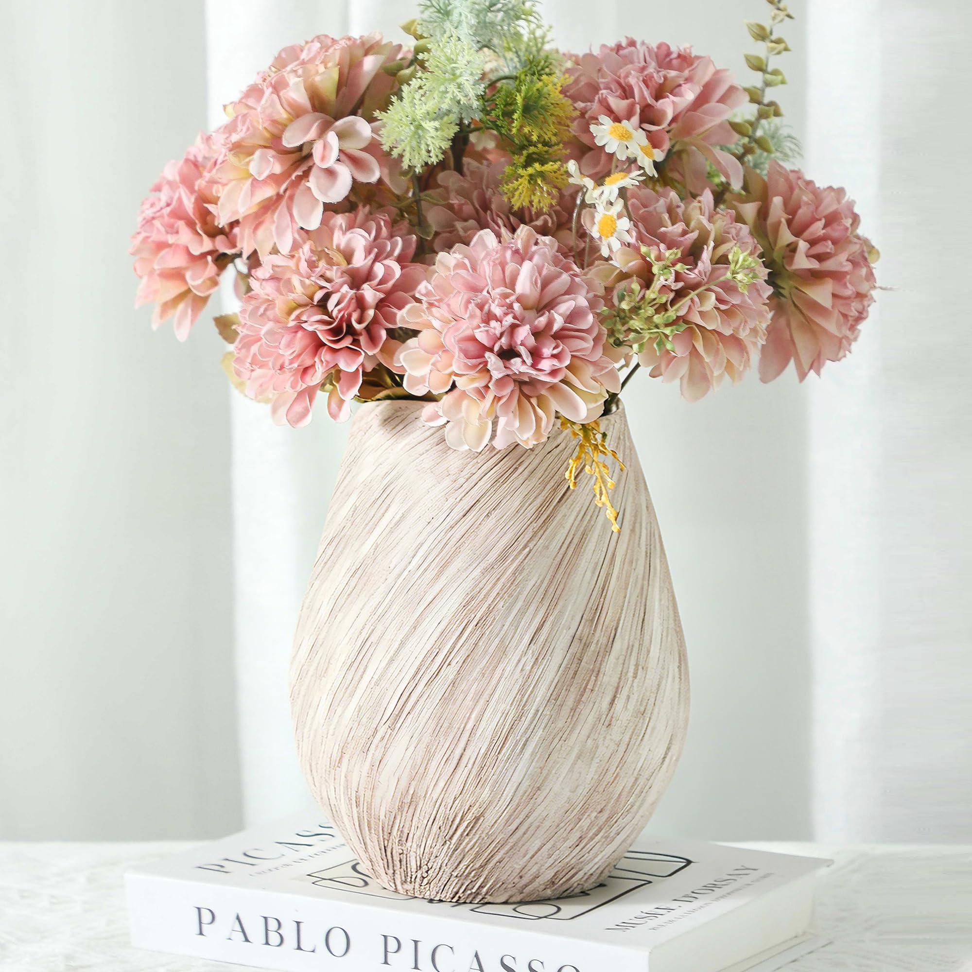 ALMA White Modern Ceramic Vase, 8'' Tall Minimalist Flower Vase for Home Decor, Beige Textured Vase for Living Room, Bedroom, Enterway, Bookshelf, Mantel,Dinning Table, Gift for Wedding & Holiday