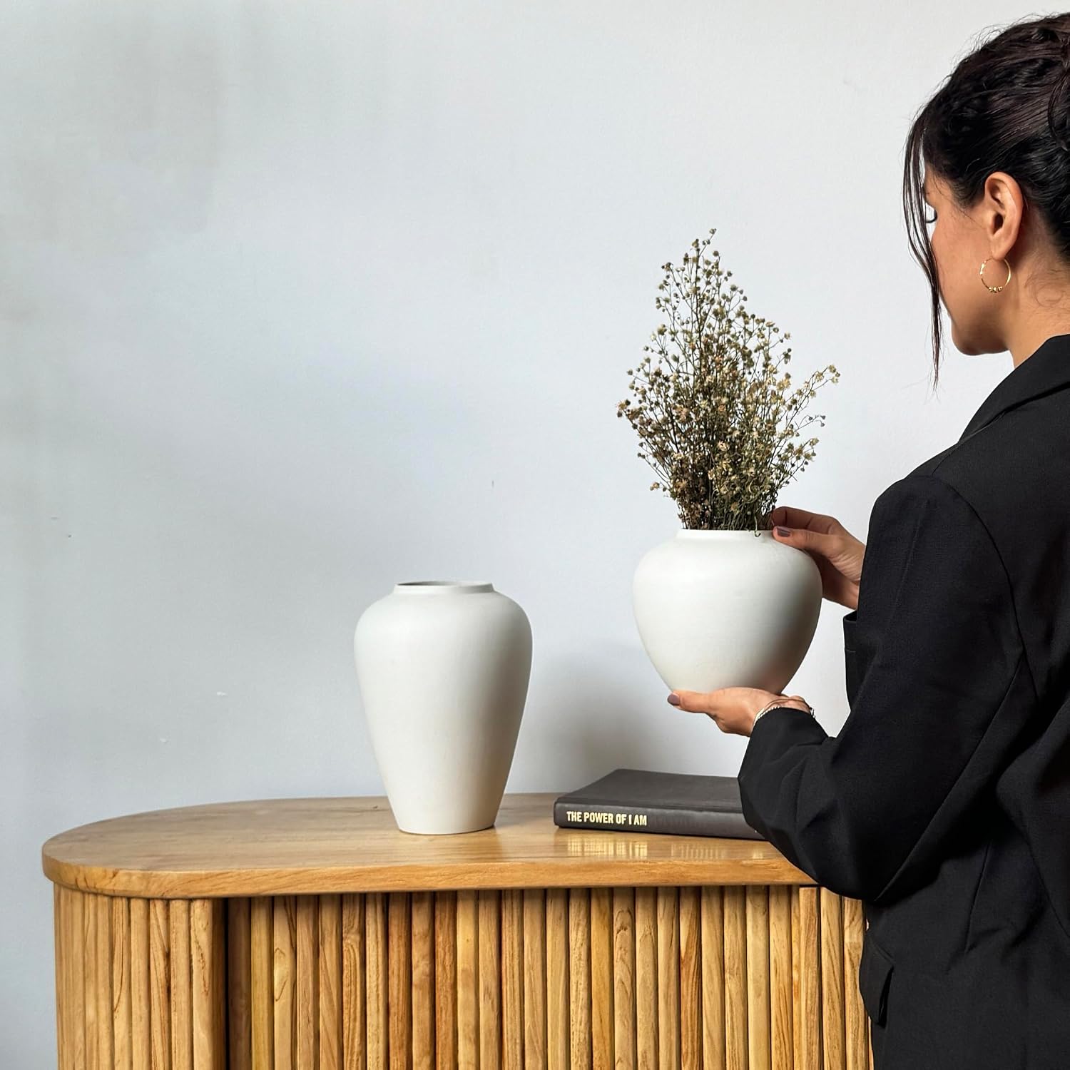 Ceramic Vase, White Color, Modern Minimalist Textured Vase for Home Decor, Bookshelf & Coffee Table Decor (White Short)