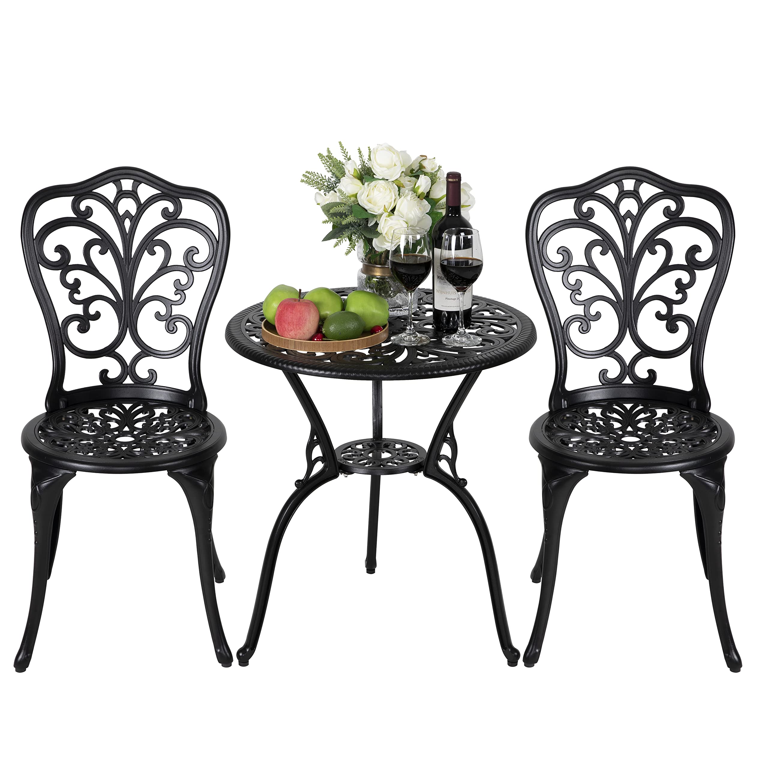 NUU GARDEN 3 Piece Outdoor Bistro Table Set, All Weather Cast Aluminum Patio Bistro Sets Patio Table and Chairs Set of 2 with Umbrella Hole for Yard, Garden, Balcony, Black
