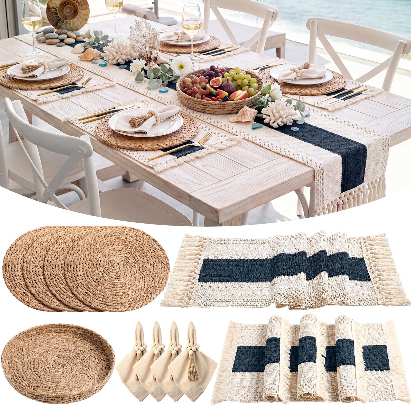 6 Sets Boho Decoration Placemats Round Woven Placemats, Cloth Napkins, Wood Bead Napkin Rings, Long Table Runner and Farmhouse Burlap Cotton for Table Kitchen (Khaki,12x72)