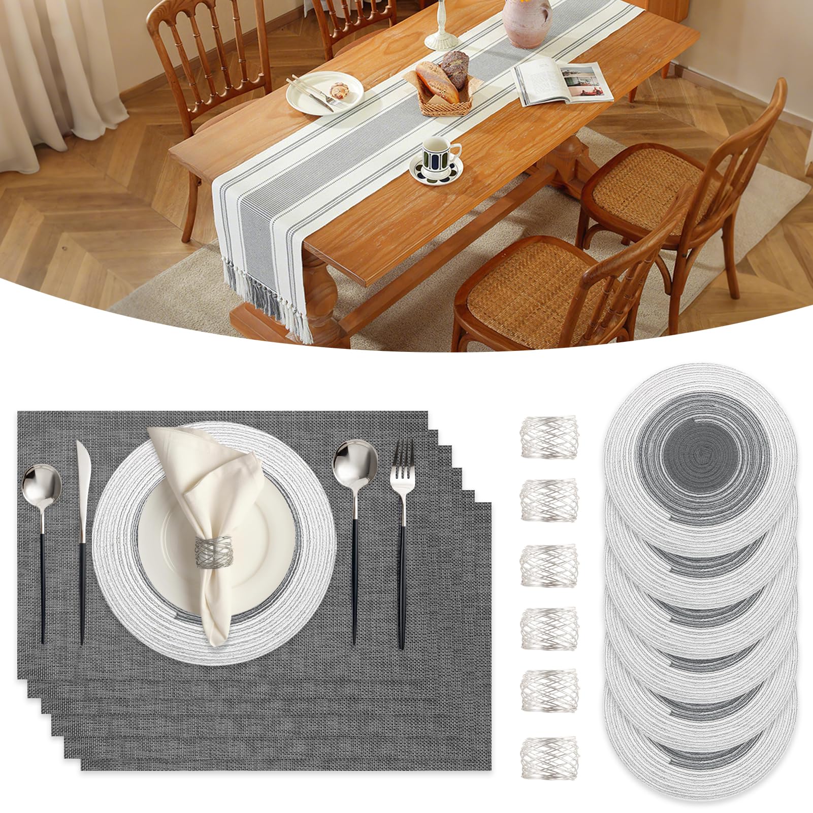 SK Studio 19Pcs Boho Table Runner Placemat and Napkin Ring Set Rectangle and Round Meal Mats Macrame Table Runner with Tassels for Wedding Kitchen Dining, Grey