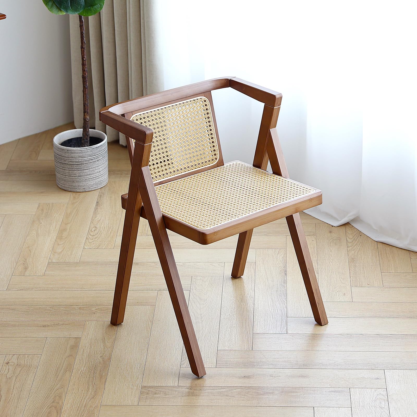Furlide Rattan Accent Chairs, Modern Mid Century Dining Chairs Set of 2, Comfy Armchairs, Outdoor Rattan Chairs with Armrest for Bedroom Living Room Reading Room Dining Kitchen, Brown