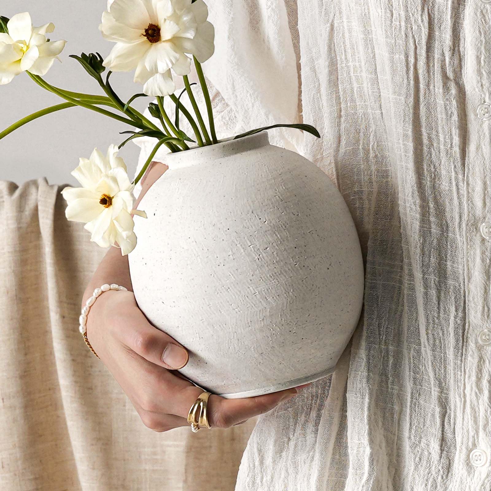 White Ceramic Vase - Large 12.5 Inch Round Floor Vase for Centerpieces, Farmhouse Flower Vases, Rustic Minimalist Home Decor (Sandstone White)