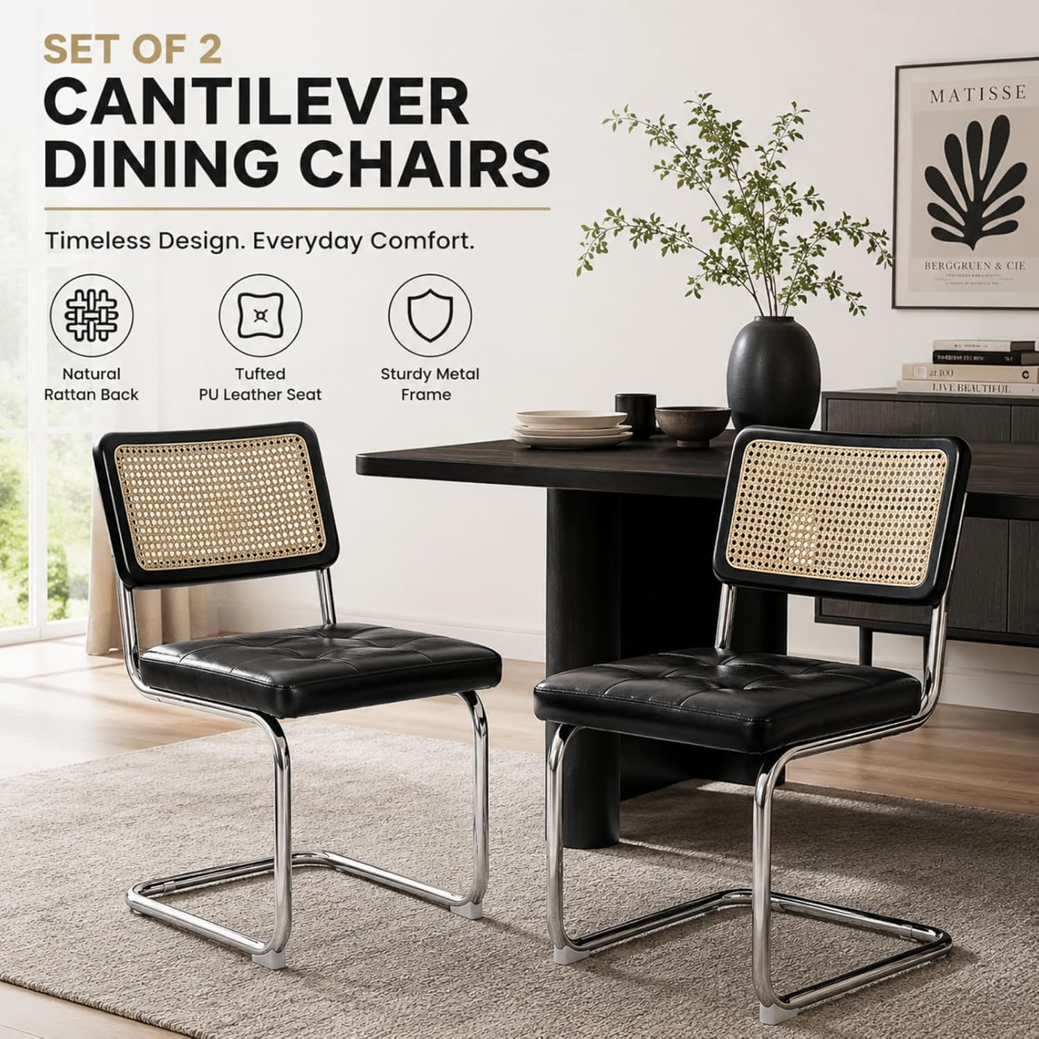 Japard Dining Chairs Set of 2, Modern Mid Century Upholstery, Rattan Cantilever Armless with Metal for Bedroom Living Room Kitchen Black 333 lbs
