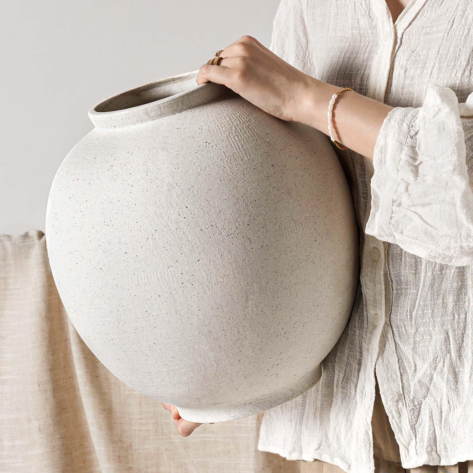 White Ceramic Vase - Large 12.5 Inch Round Floor Vase for Centerpieces, Farmhouse Flower Vases, Rustic Minimalist Home Decor (Sandstone White)