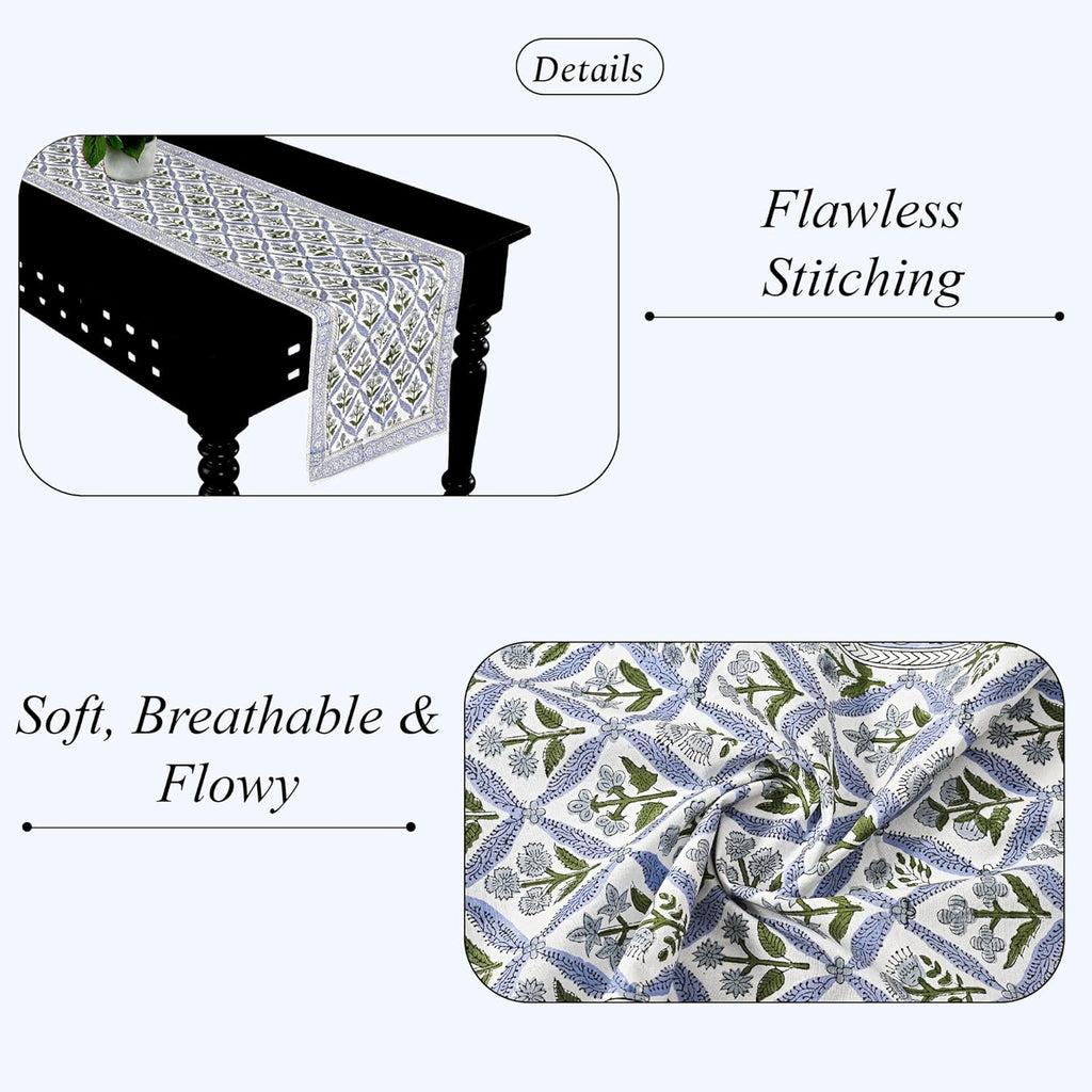 Ridhi Light Steel Blue Hand Block Print 100% Cotton Reusable Table Runner 16" X 90" Inches Table Runner Decorative Everyday Use for Dining, Home Gift for Spring, Easter, Valentine