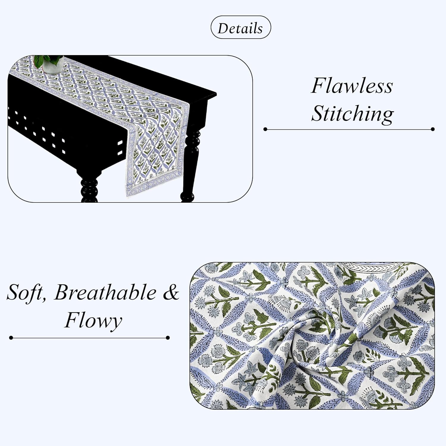 Ridhi Light Steel Blue Hand Block Print 100% Cotton Reusable Table Runner 16" X 90" Inches Table Runner Decorative Everyday Use for Dining, Home Gift for Spring, Easter, Valentine