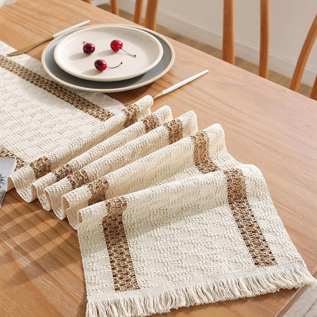 Niviy Boho Table Runner for Home Decor 144 Inches Long Farmhouse Macrame Table Runner Cotton Linen Woven Table Runners for Summer Dining Table Decoration, Beige & Brown