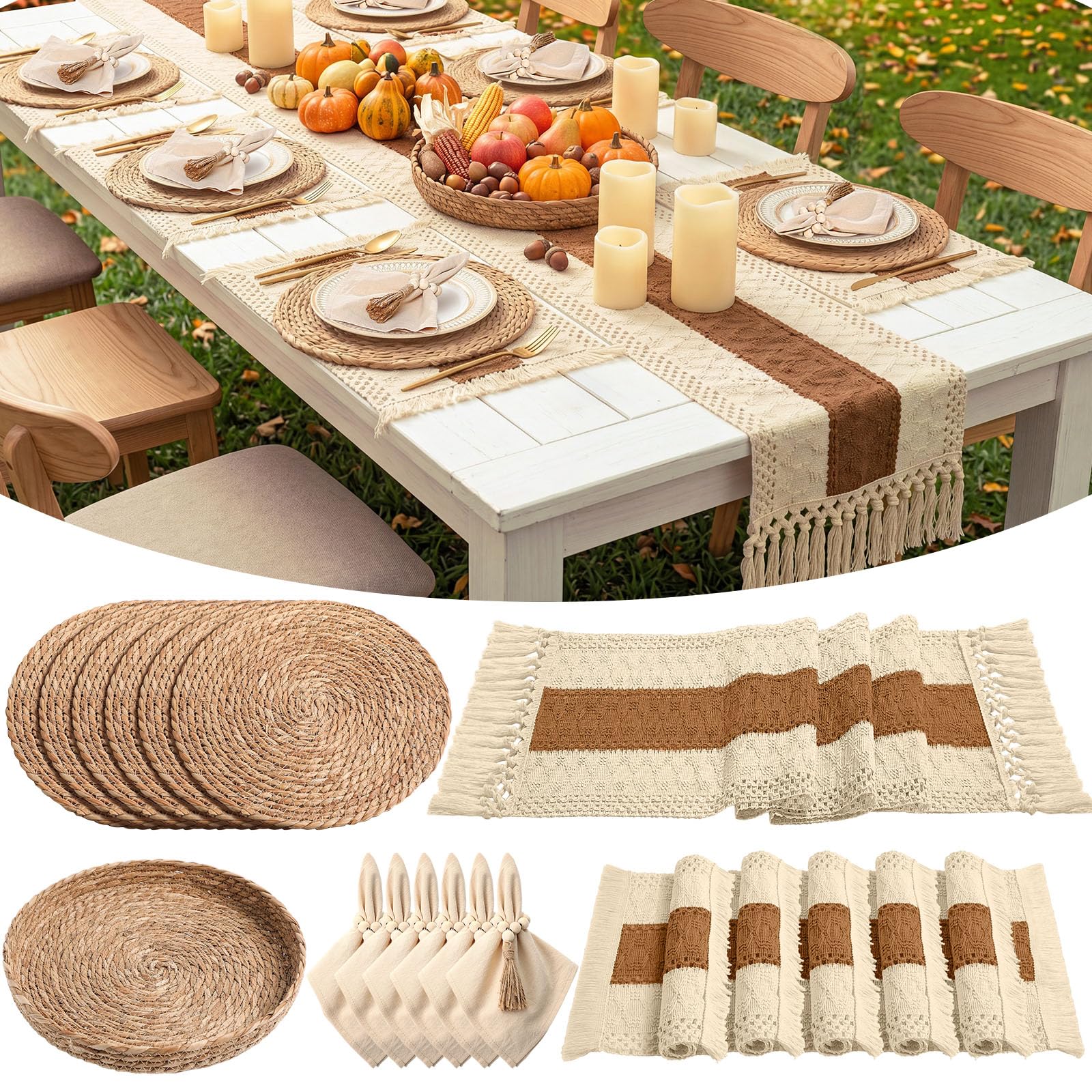 6 Sets Boho Decoration Placemats Round Woven Placemats, Cloth Napkins, Wood Bead Napkin Rings, Long Table Runner and Farmhouse Burlap Cotton for Table Kitchen (Khaki,12x72)