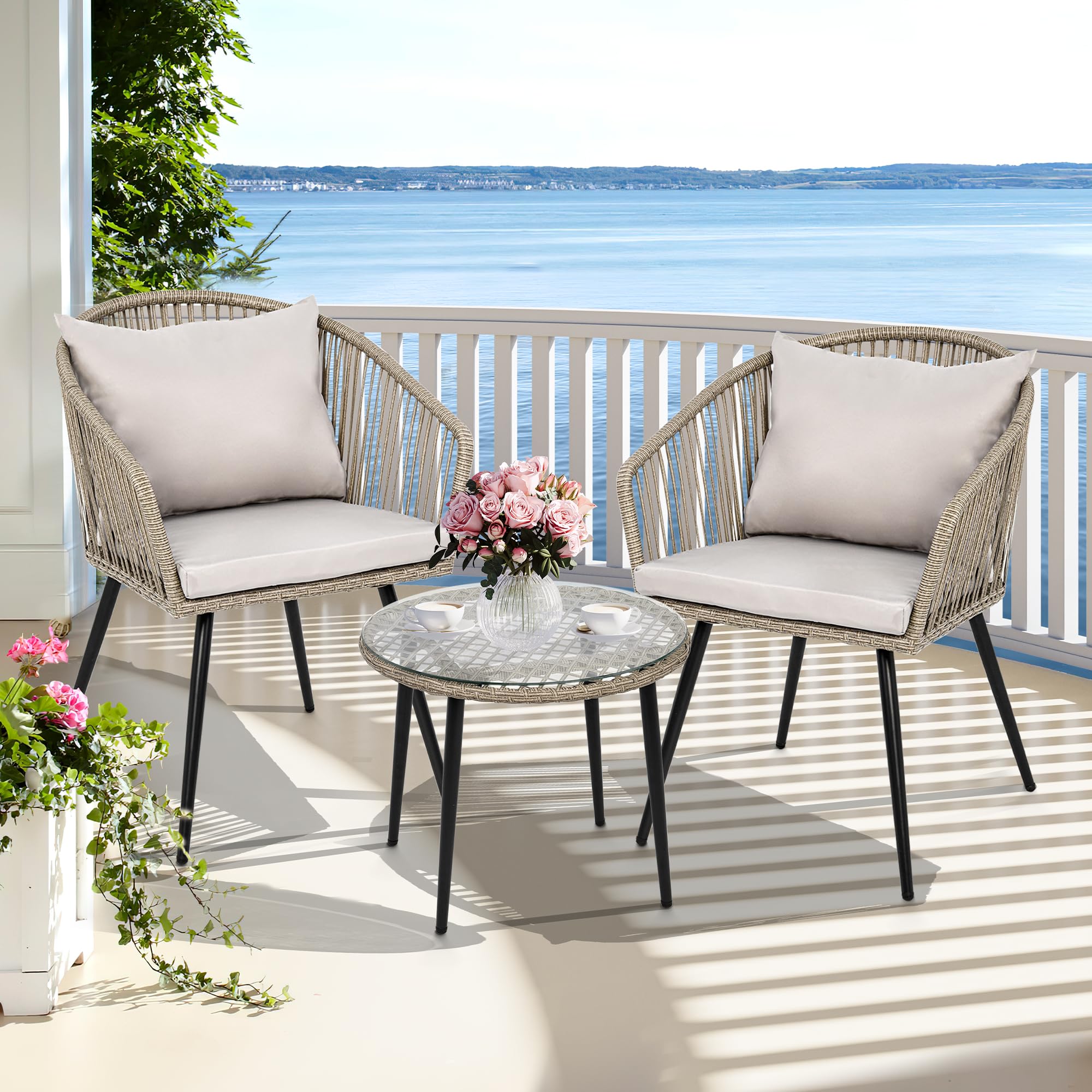 YITAHOME 3-Piece Outdoor Patio Furniture Wicker Bistro Set, All-Weather Rattan Conversation Chairs for Backyard, Balcony and Deck with Soft Cushions, Glass Side Table, Gray Rattan