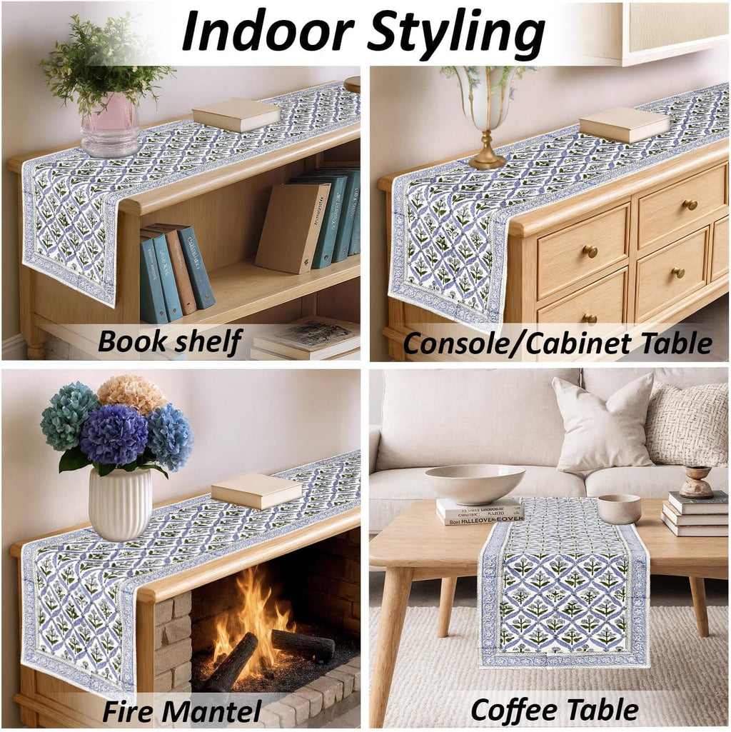 Ridhi Light Steel Blue Hand Block Print 100% Cotton Reusable Table Runner 16" X 90" Inches Table Runner Decorative Everyday Use for Dining, Home Gift for Spring, Easter, Valentine