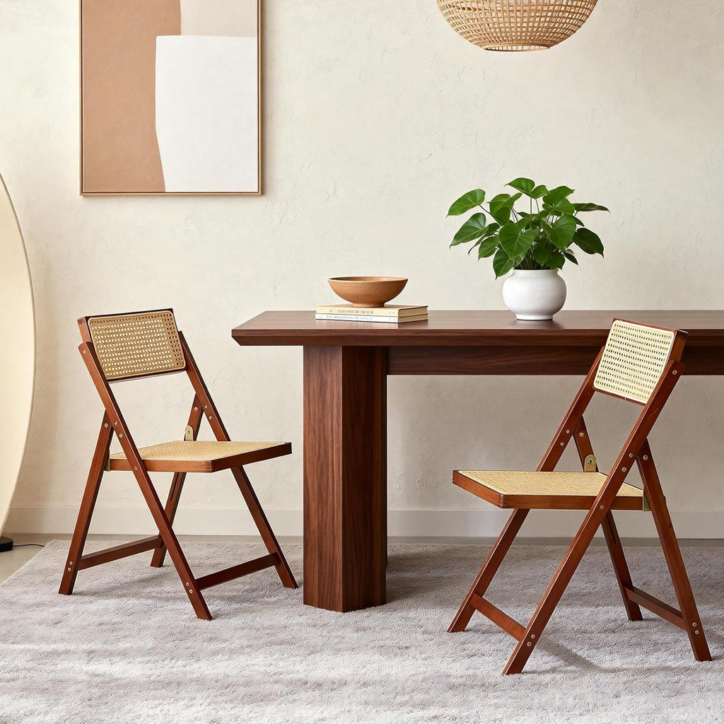 Set of 2 Walnut Mid-Century Modern Rattan Folding Patio Dining Chairs with Adjustable Backrest for Balcony, Porch, Deck & Backyard