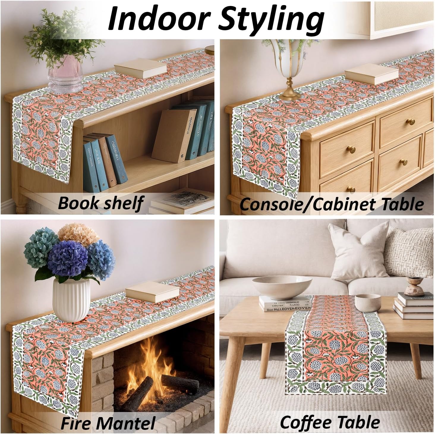 Ridhi Dark Salmon Hand Block Print 100% Cotton Reusable Table Runner 16" X 106" Inches Table Runner Decorative Everyday Use for Dining, HomeGift for Spring, Easter, Summer
