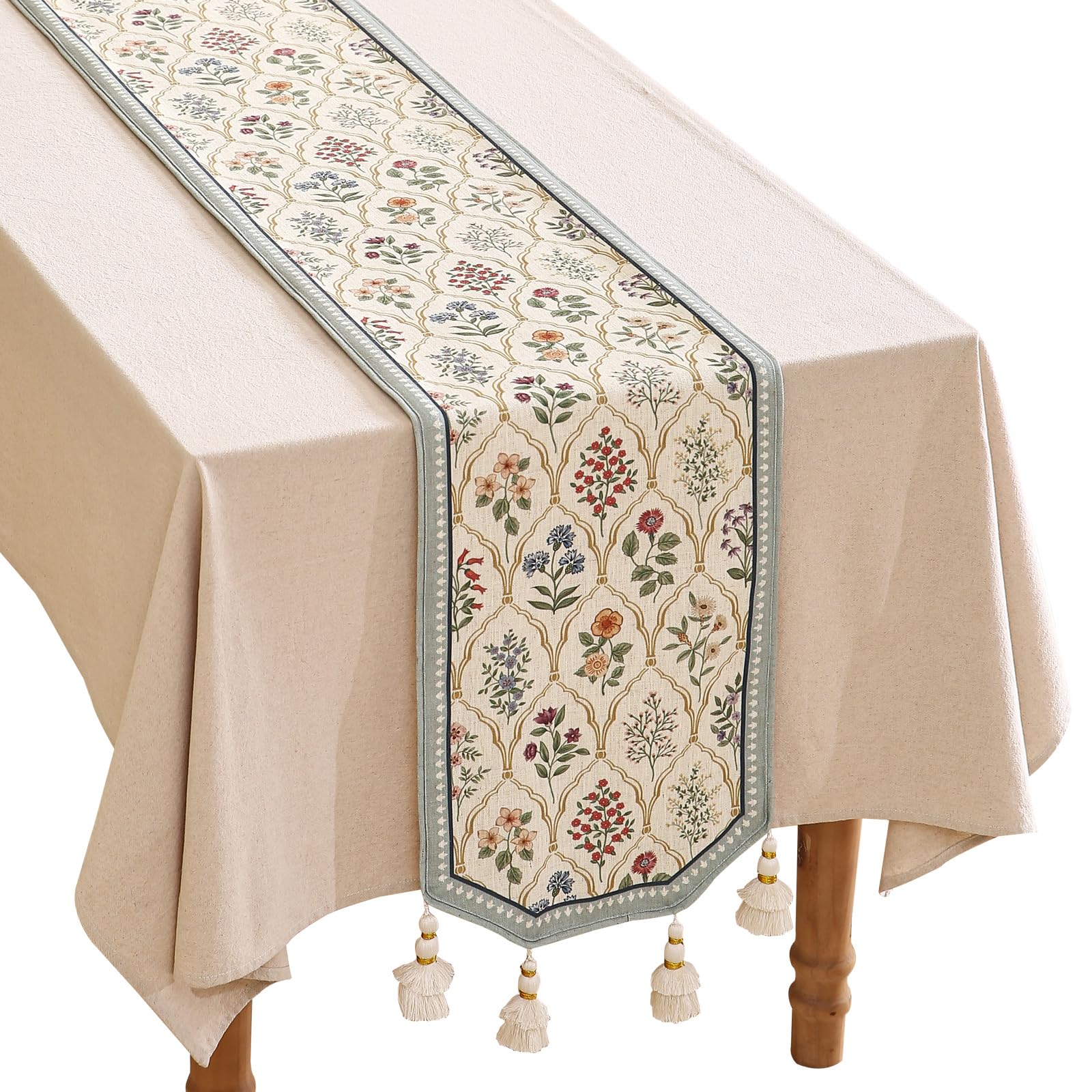 ISAENNE Designer French Country Linen Table Runner 71 Inches Long,Elegant Colorful Floral Pattern Table Runners for Dining Tables,Thanksgiving,Christmas,Kitchen Decor,12"*71"-Serenity F