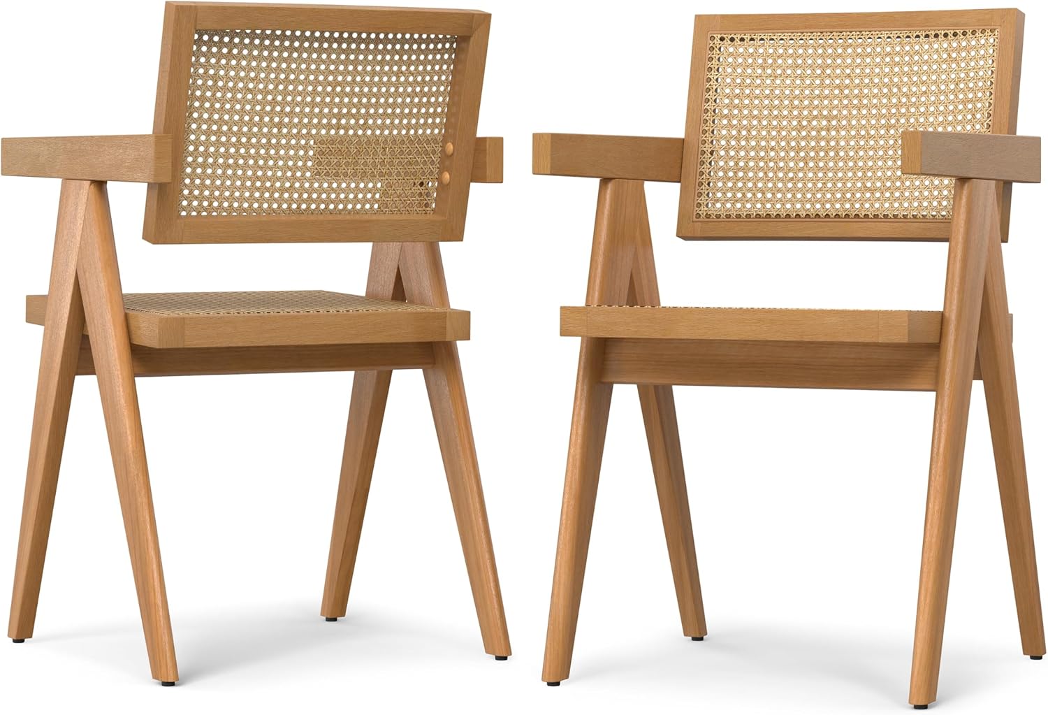 SIMPLIHOME Regina Dining Chairs - Mid-Century Modern Solid Beechwood and Rattan Arm Chair Set in Natural, Dining Room Seating with Open Frame, Curved Arms and Woven Seat and Backrest (Set of 2)