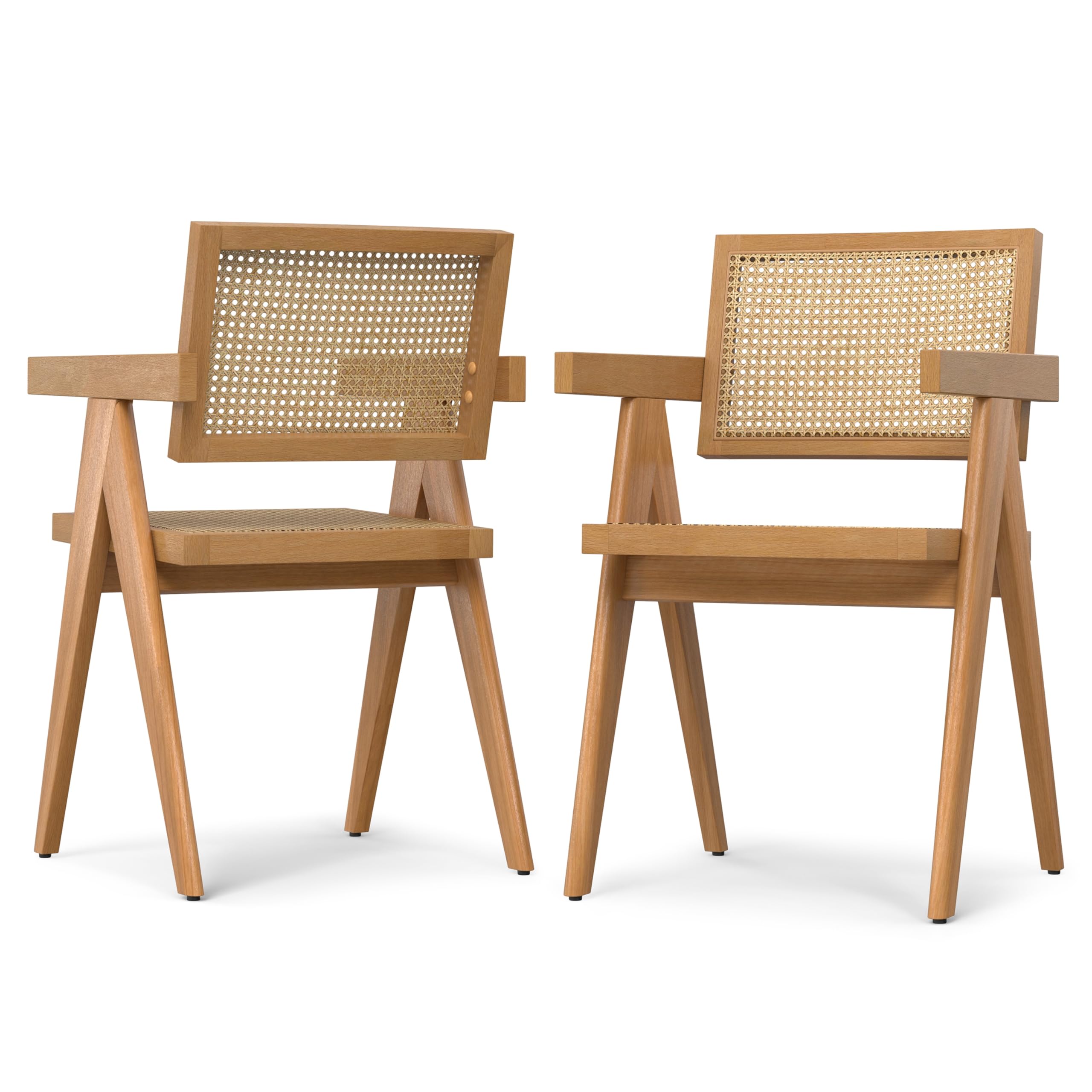 SIMPLIHOME Regina Dining Chairs - Mid-Century Modern Solid Beechwood and Rattan Arm Chair Set in Natural, Dining Room Seating with Open Frame, Curved Arms and Woven Seat and Backrest (Set of 2)