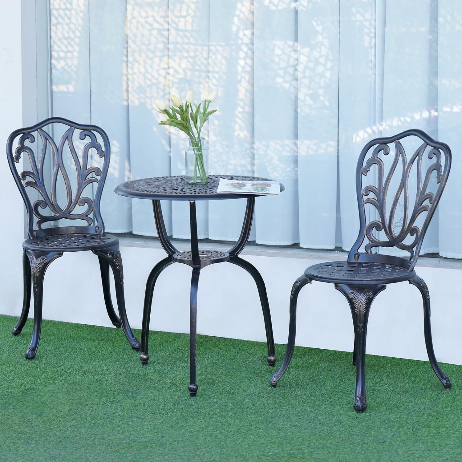 YKSY&YKSY 3-Piece Patio Bistro Furniture Set Cast-Aluminum Bistro Table Set for Lawn,Garden,Backyard (YILI Copper)
