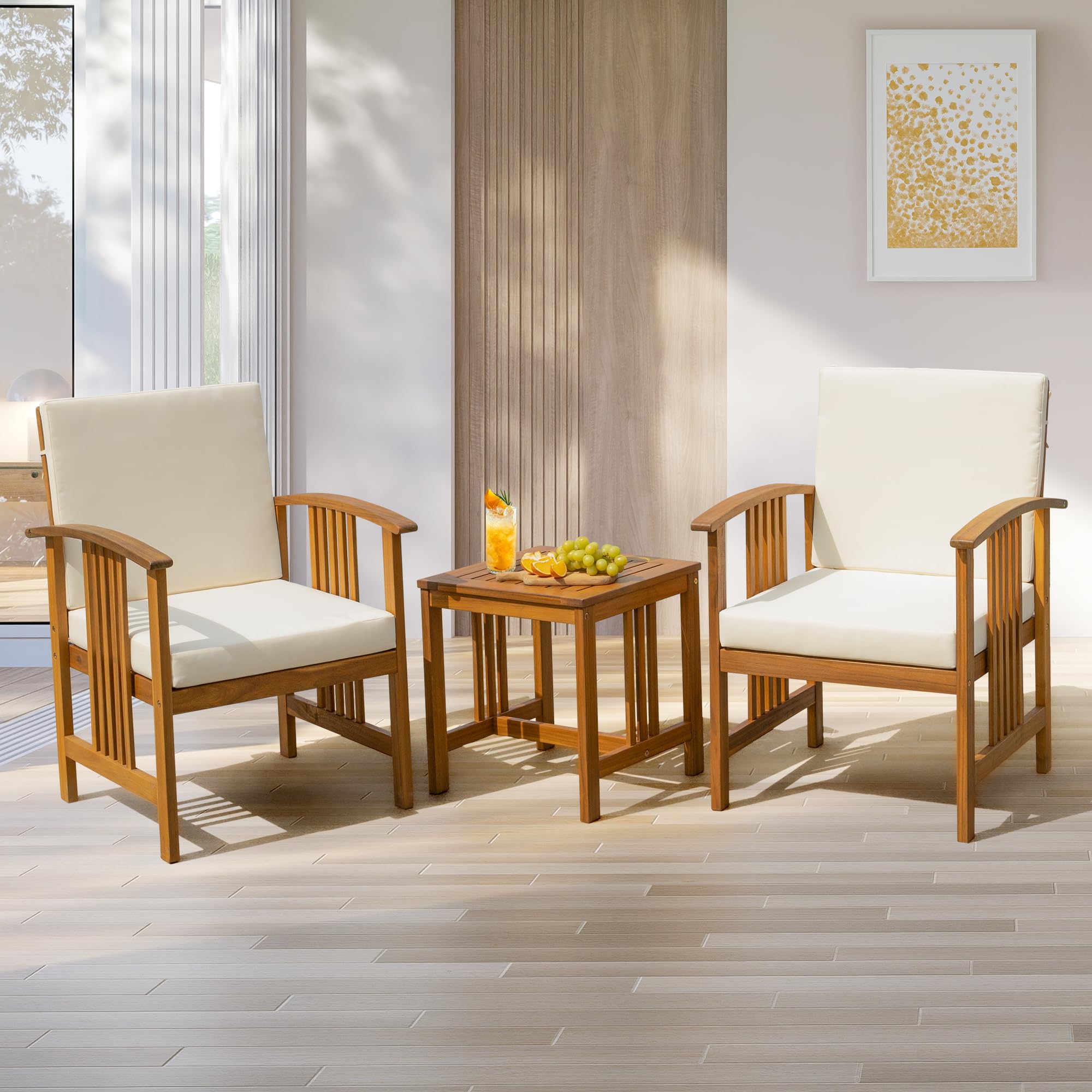 Idzo Heavy Duty 400lbs Capacity Patio Bistro Set 3 Piece Outdoor, Folding Chairs w/Cushion, Square Table, FSC-Certified Acacia Wood, Space-Saving Design for Balcony, Garden and Porch - Upgrade