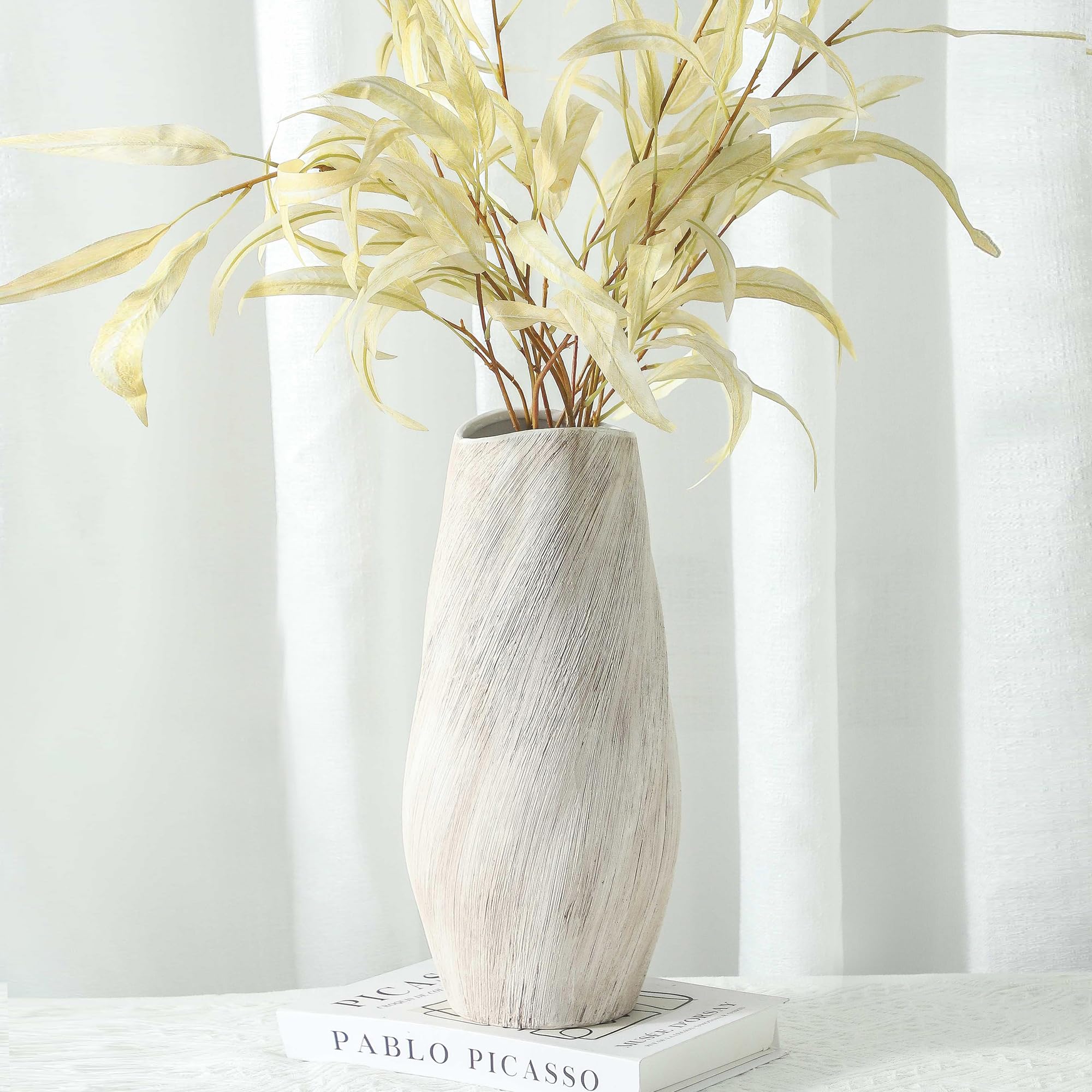 ALMA White Modern Ceramic Vase, 8'' Tall Minimalist Flower Vase for Home Decor, Beige Textured Vase for Living Room, Bedroom, Enterway, Bookshelf, Mantel,Dinning Table, Gift for Wedding & Holiday