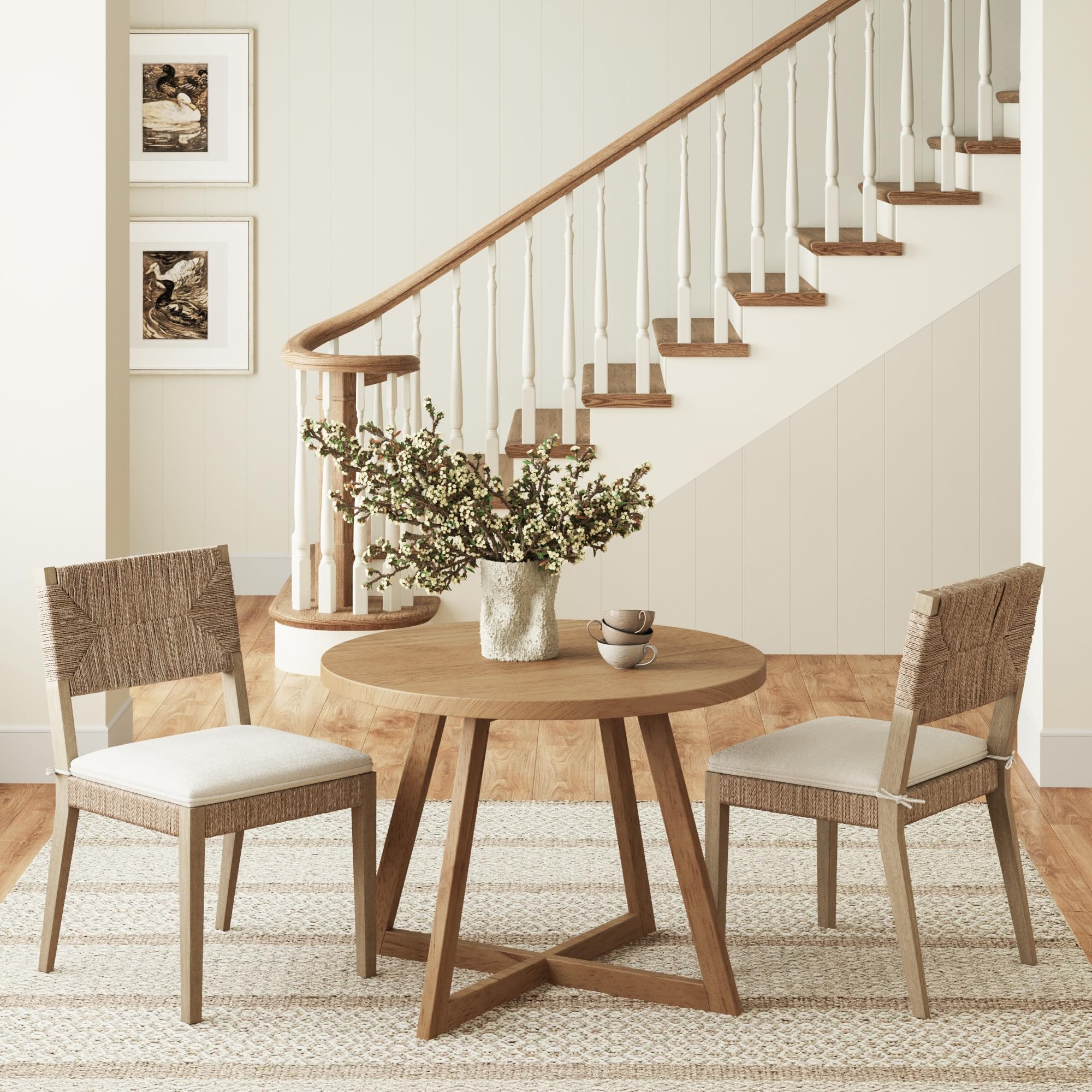 Nathan James Bailey 19 in. Boucle Dining Chair, Upholstered Side Chair with Natural Woven Rattan Back and Solid Wood Legs, Natural Brown/Rattan/Cream Boucle, Set of 4