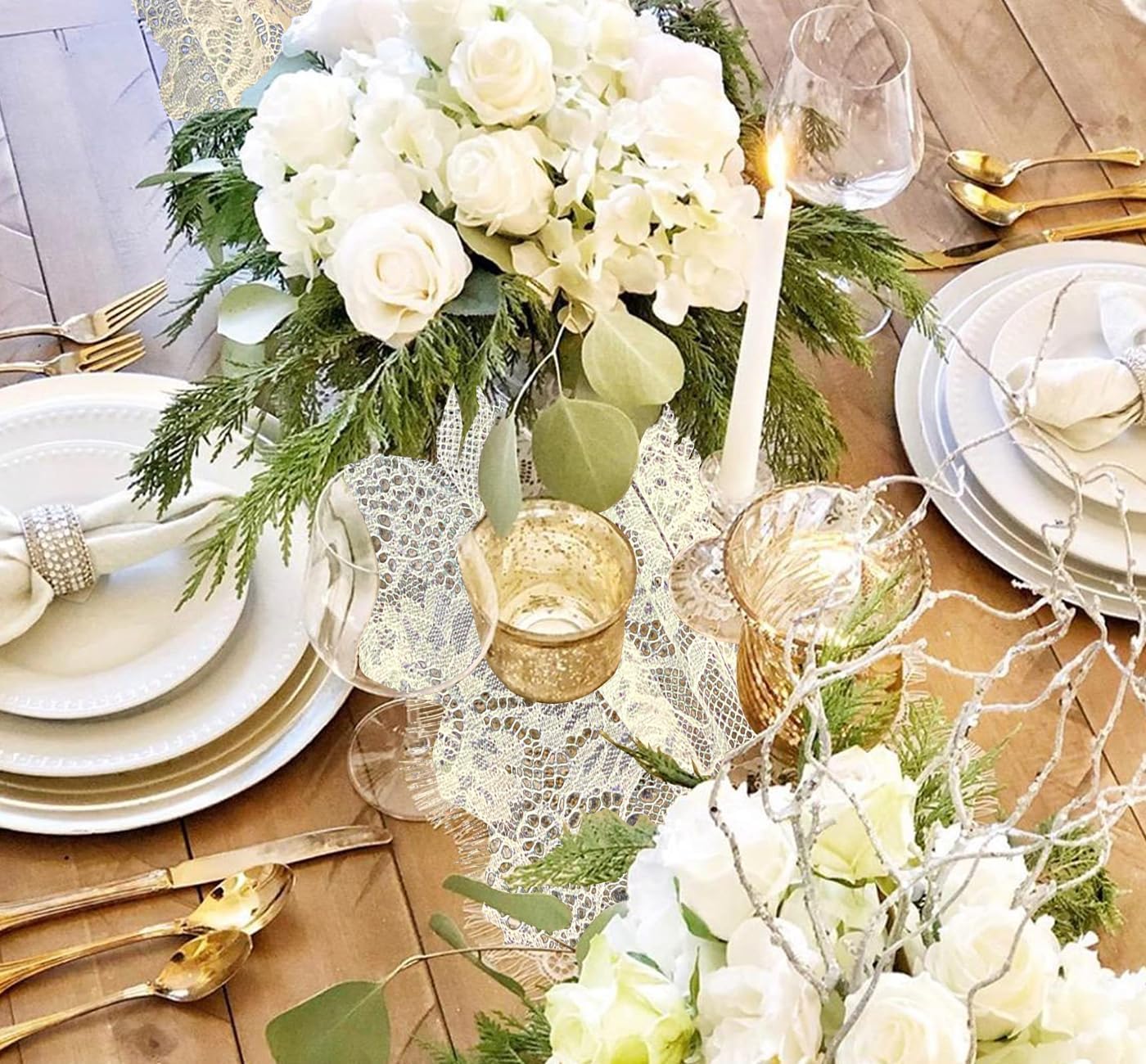 10 Pcs White Lace Table Runner 14 x 120 Inch Embroidered Boho Table Runner for Wedding Party Bridal Shower Decorations Vintage Rustic Table Runners