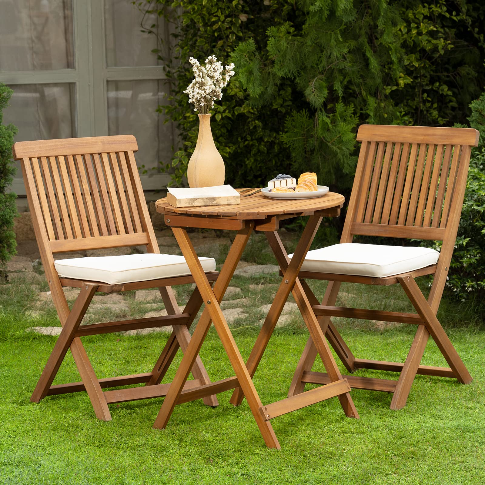 Idzo Heavy Duty 400lbs Capacity Patio Bistro Set 3 Piece Outdoor, Folding Chairs w/Cushion, Square Table, FSC-Certified Acacia Wood, Space-Saving Design for Balcony, Garden and Porch - Upgrade