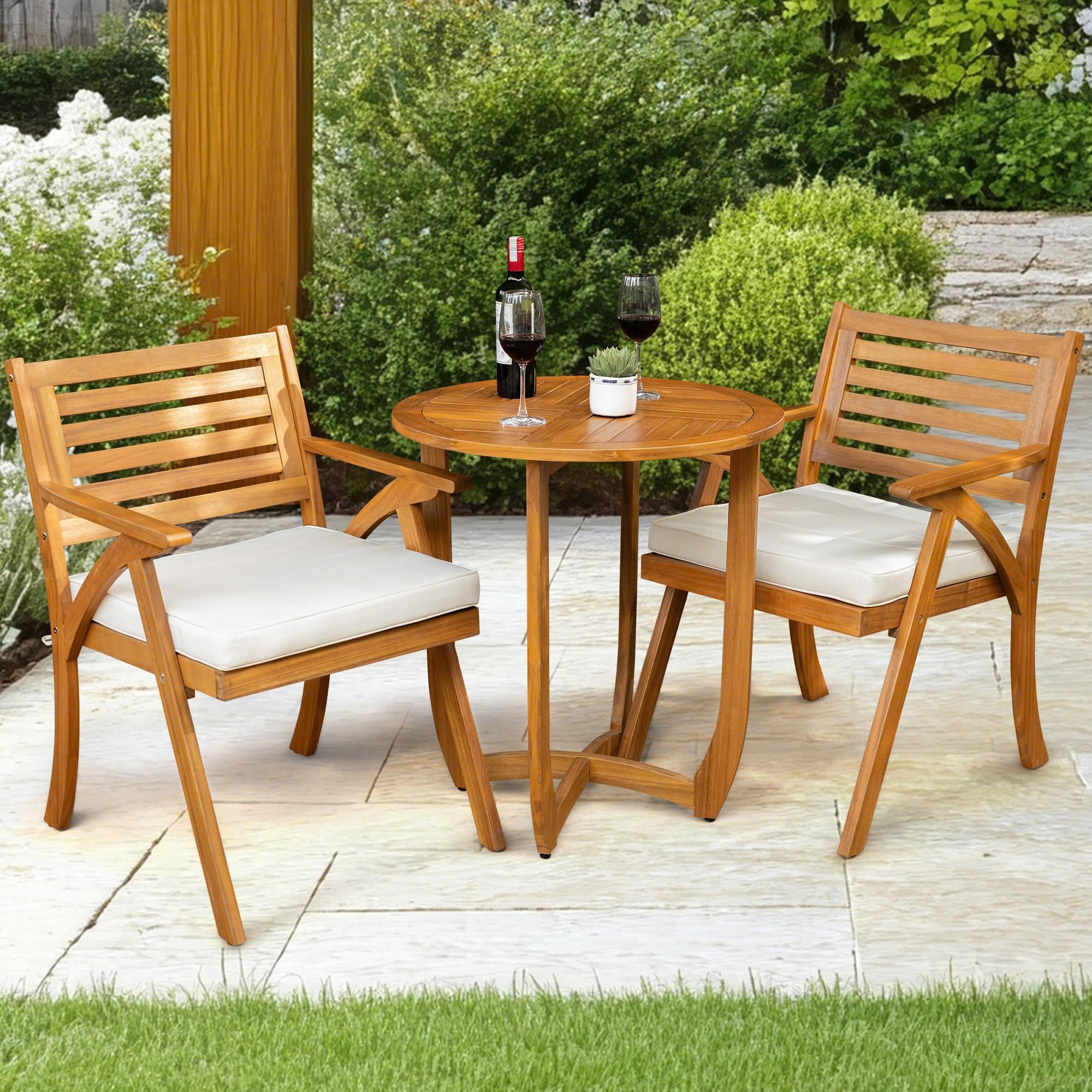 Idzo Heavy Duty 400lbs Capacity Patio Bistro Set 3 Piece Outdoor, Folding Chairs w/Cushion, Square Table, FSC-Certified Acacia Wood, Space-Saving Design for Balcony, Garden and Porch - Upgrade