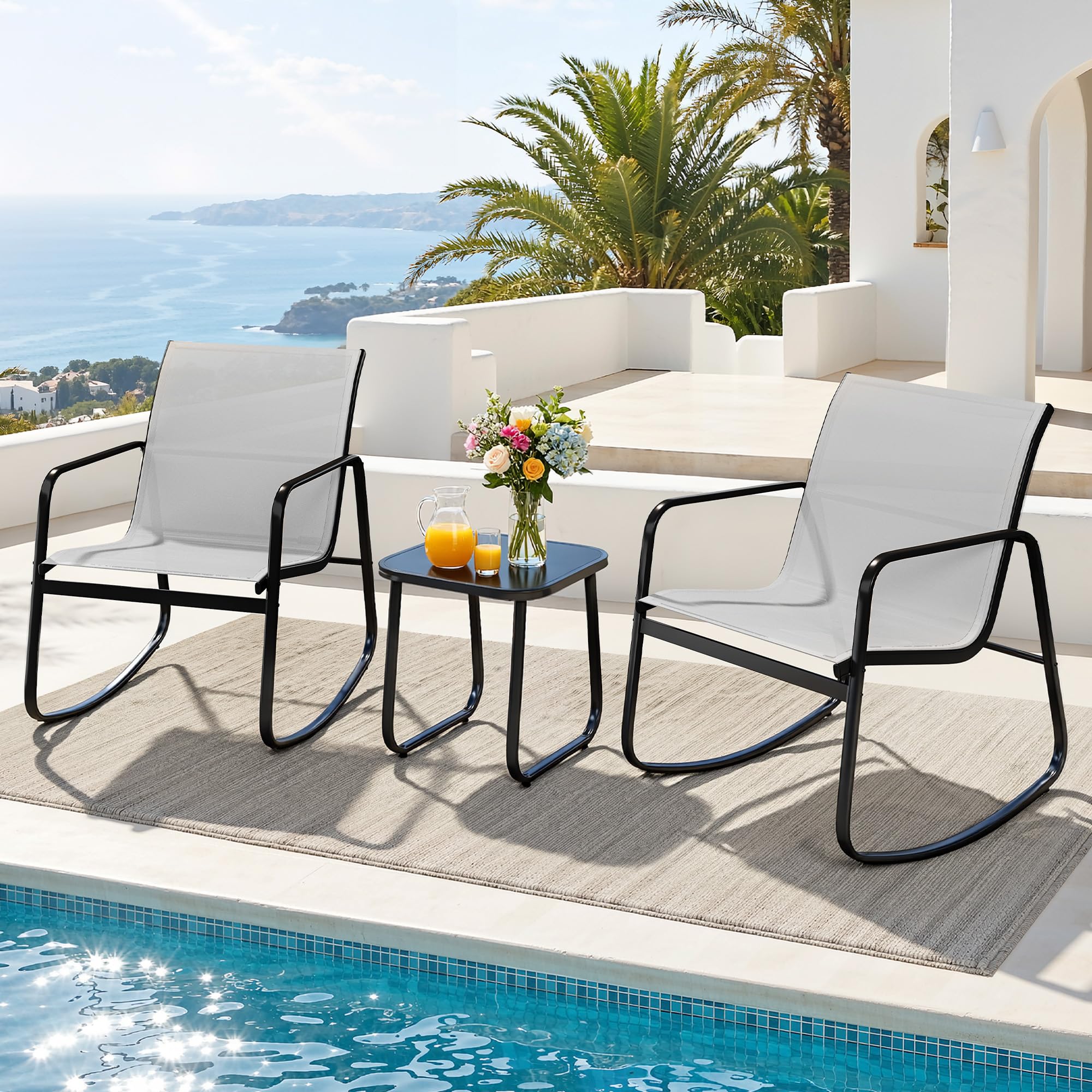 DWVO 3 Piece Patio Furniture Set, Durable Textilene Patio Set with Rocking Chairs Set of 2 & Tempered Glass Table for Garden, Balcony & Poolside, Black
