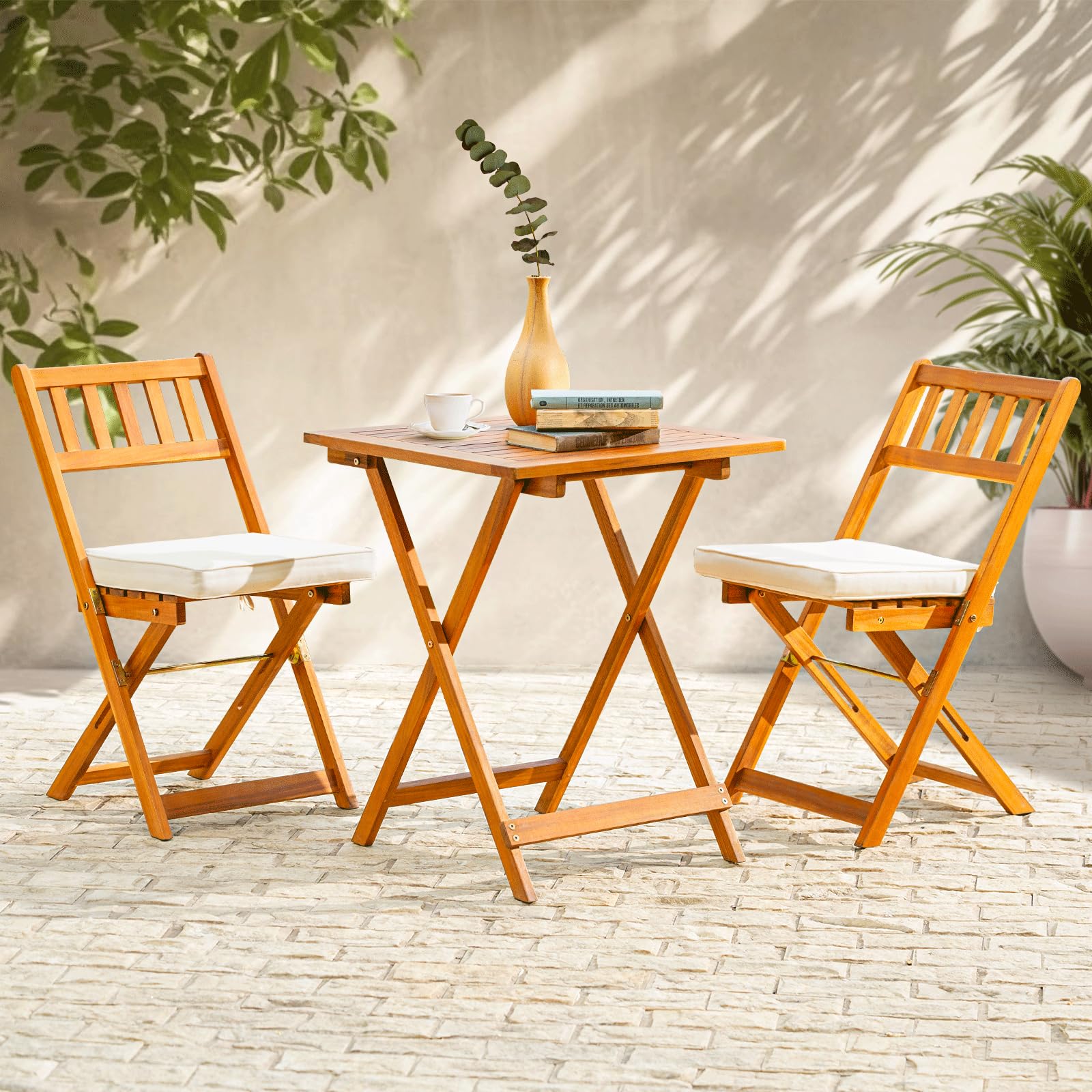 Idzo Heavy Duty 400lbs Capacity Patio Bistro Set 3 Piece Outdoor, Folding Chairs w/Cushion, Square Table, FSC-Certified Acacia Wood, Space-Saving Design for Balcony, Garden and Porch - Upgrade
