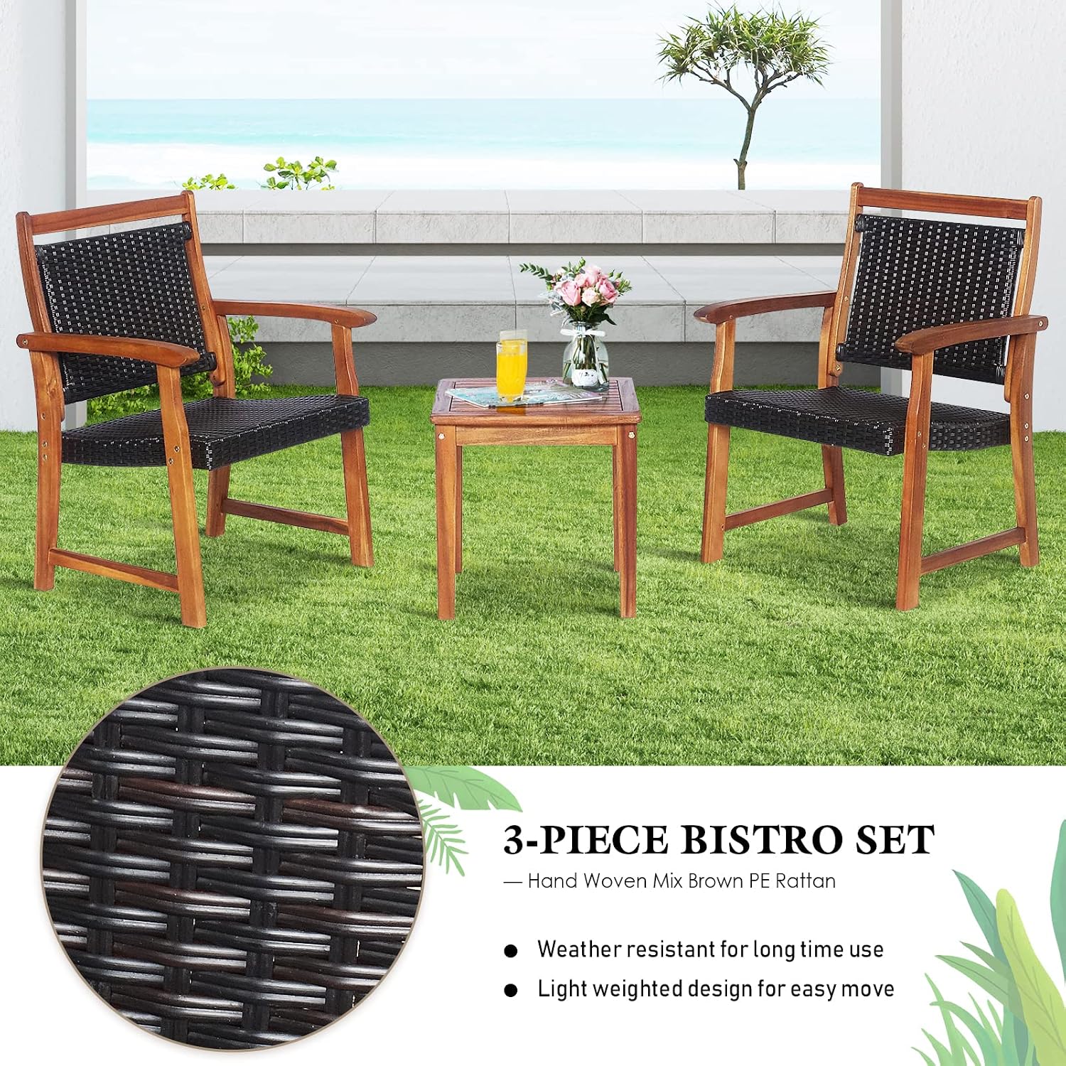 Tangkula 3-Piece Patio Acacia Wood Bistro Set, Patiojoy Outdoor Furniture Set with 2 Chairs & Side Table, Weather Resistant Rattan Garden Conversation Chair Set for Pool Side, Deck, Balcony