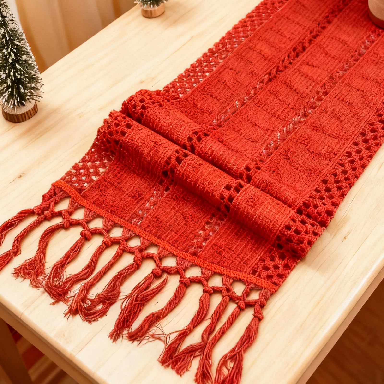Niviy Boho Table Runner for Home Decor 144 Inches Long Farmhouse Macrame Table Runner Cotton Linen Woven Table Runners for Summer Dining Table Decoration, Beige & Brown