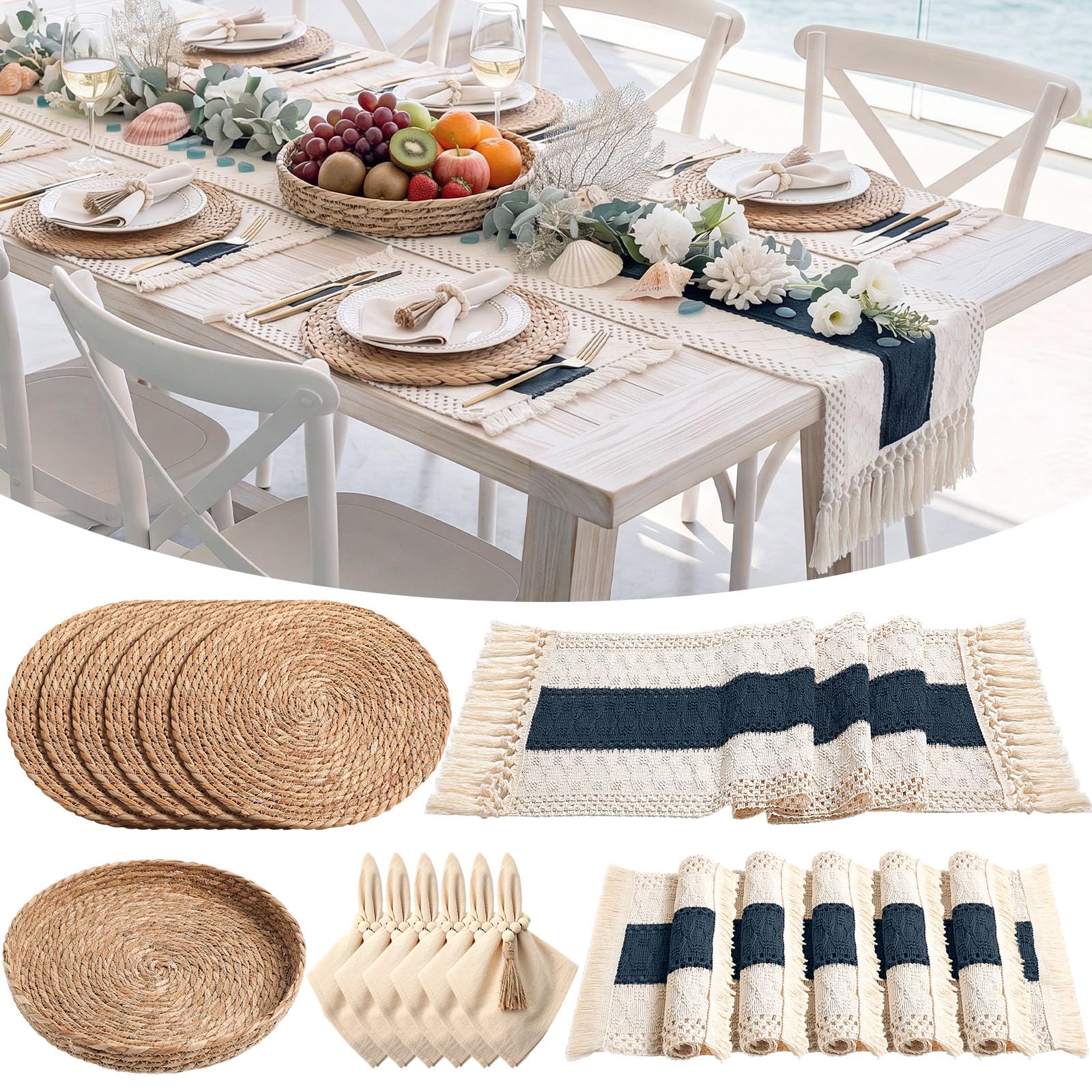 6 Sets Boho Decoration Placemats Round Woven Placemats, Cloth Napkins, Wood Bead Napkin Rings, Long Table Runner and Farmhouse Burlap Cotton for Table Kitchen (Khaki,12x72)