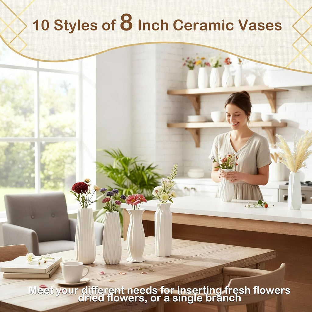 10-Pack 8 Inch Matte White Minimalist Ceramic Vases Bulk for Home Decor, Weddings, Pampas Grass and DIY Crafts