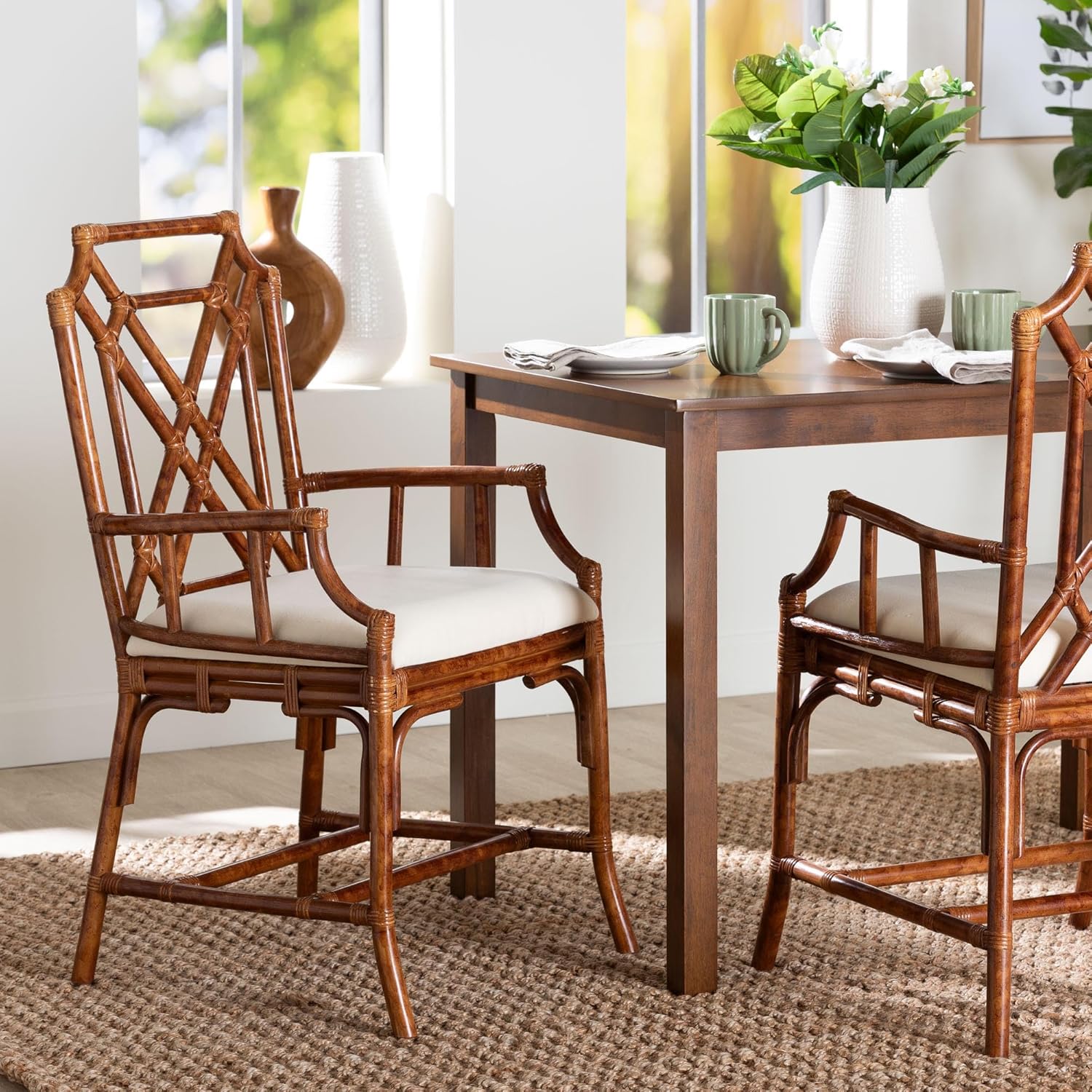 Bali & pari Esmery Marbled Tortoise Natural Rattan Dining Chair - Handcrafted Wicker Armchair with Crisscross Back, Boho Coastal Seating for Dining Room or Kitchen