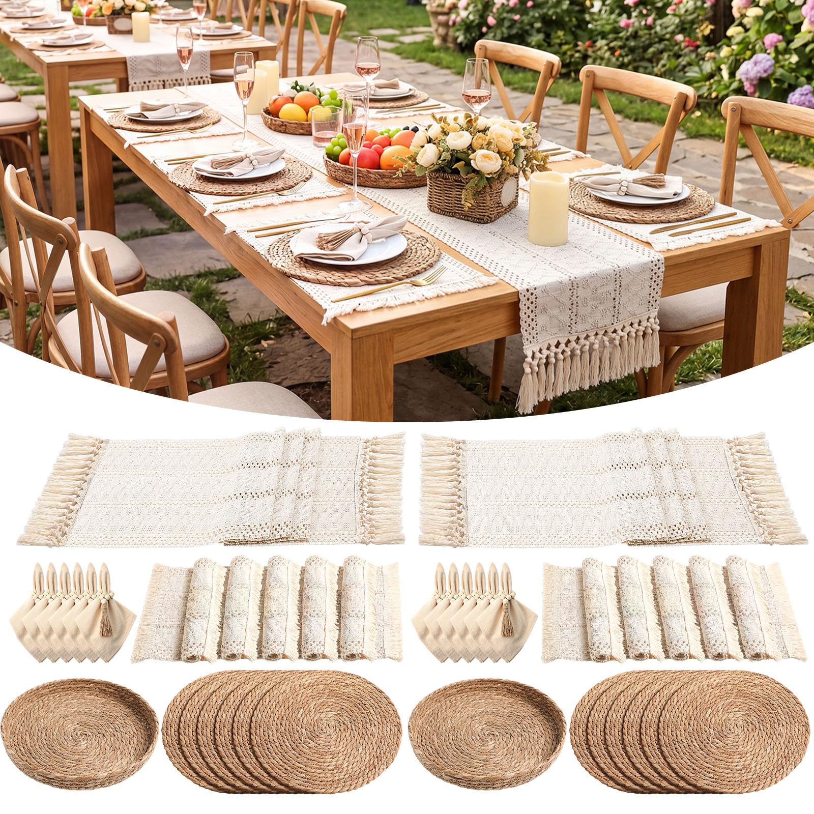 6 Sets Boho Decoration Placemats Round Woven Placemats, Cloth Napkins, Wood Bead Napkin Rings, Long Table Runner and Farmhouse Burlap Cotton for Table Kitchen (Khaki,12x72)