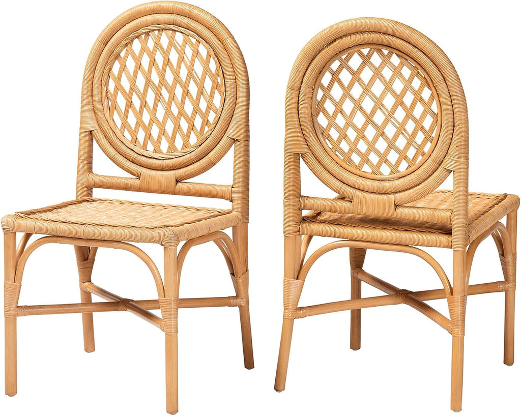 Bali & pari Oxford Natural Rattan Chair with Round Back-Handwoven Cane Accent Seating with Open Lattice Design, Dining Height, Set of 2