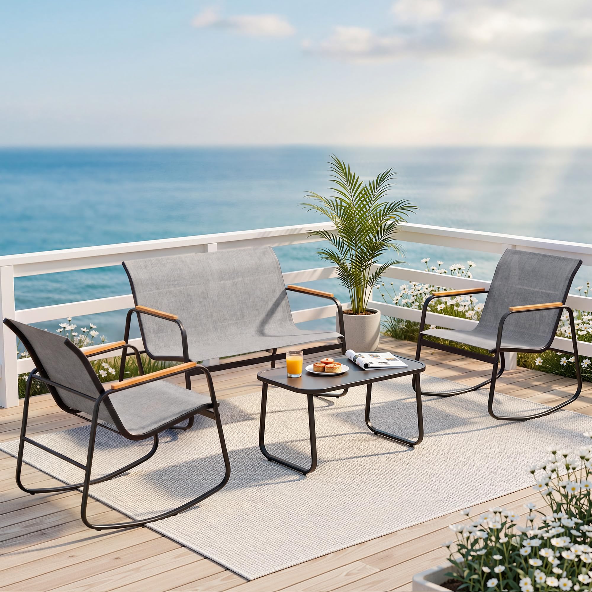DWVO 3 Piece Patio Furniture Set, Durable Textilene Patio Set with Rocking Chairs Set of 2 & Tempered Glass Table for Garden, Balcony & Poolside, Black