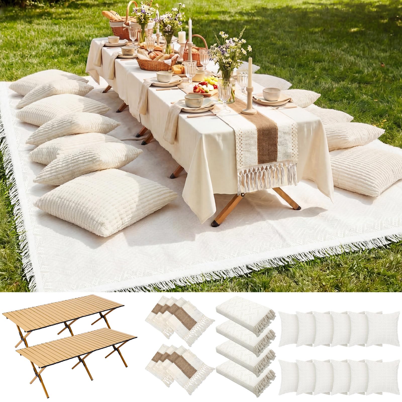 Novabright Picnic Kit Folding Picnic Table Extra Large Outdoor Boho Blanket Beige Table Runner Floor Pillow Covers Woven Cotton Oversize Washable for Camp Wedding (Cream White,Pillow Covers,10 Pcs)