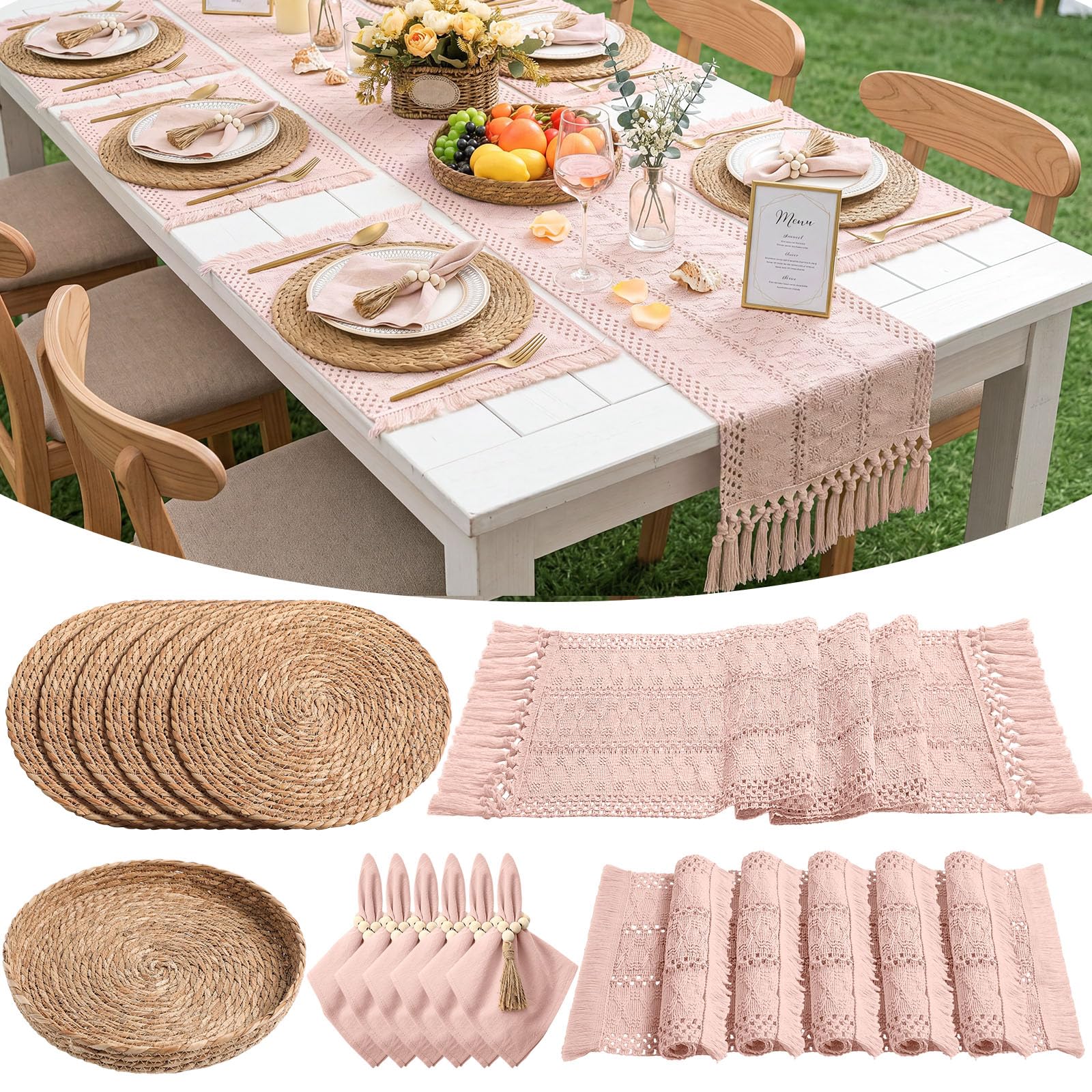 6 Sets Boho Decoration Placemats Round Woven Placemats, Cloth Napkins, Wood Bead Napkin Rings, Long Table Runner and Farmhouse Burlap Cotton for Table Kitchen (Khaki,12x72)