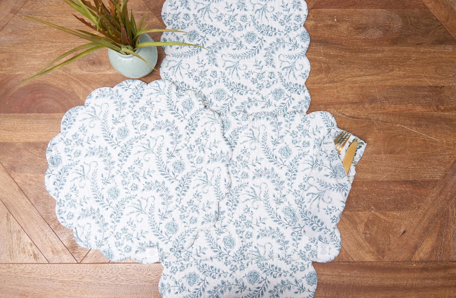 C&F Home Braganza Teal Vintage 100% Cotton Table Runner 14" x 51" Versatile Floral Flowers Spring Springtime Summer Kitchen Dining Dinner Tabletop Machine Wash Reversible Scalloped Edge Decor