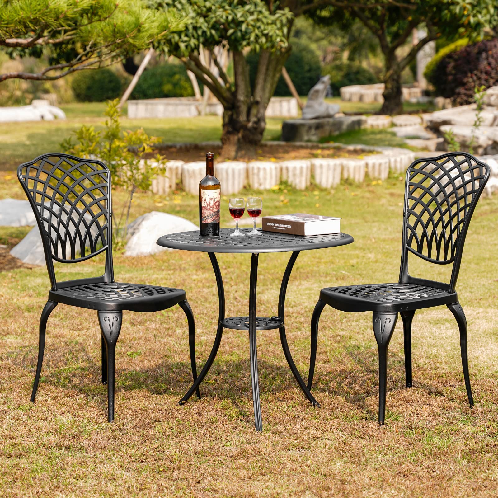 Outdoor Bistro Set 3 Piece Patio Bistro Set, Cast Aluminum Bistro Table and Chairs Set of 2, Small Patio Table Set for Porch, Black