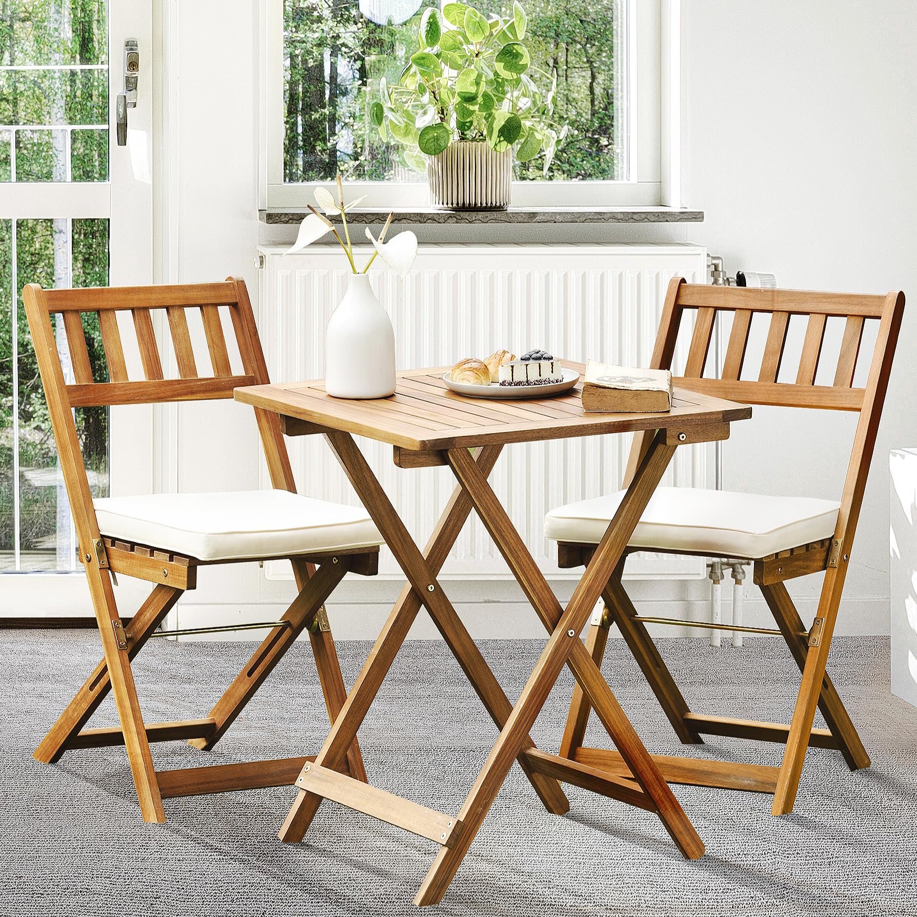 Idzo Heavy Duty 400lbs Capacity Patio Bistro Set 3 Piece Outdoor, Folding Chairs w/Cushion, Square Table, FSC-Certified Acacia Wood, Space-Saving Design for Balcony, Garden and Porch - Upgrade