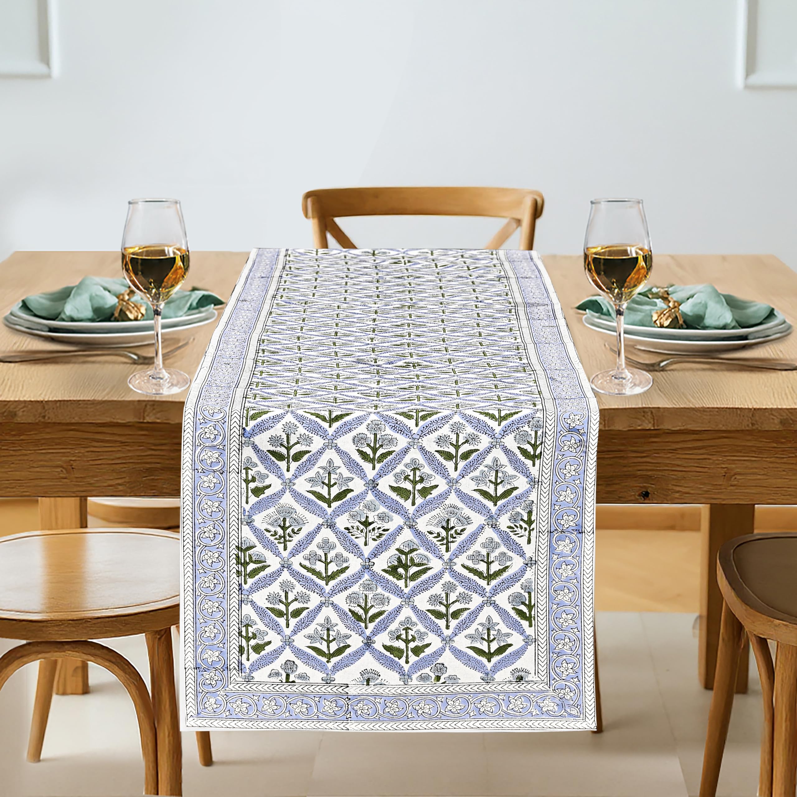 Ridhi Light Steel Blue Hand Block Print 100% Cotton Reusable Table Runner 16" X 90" Inches Table Runner Decorative Everyday Use for Dining, Home Gift for Spring, Easter, Valentine