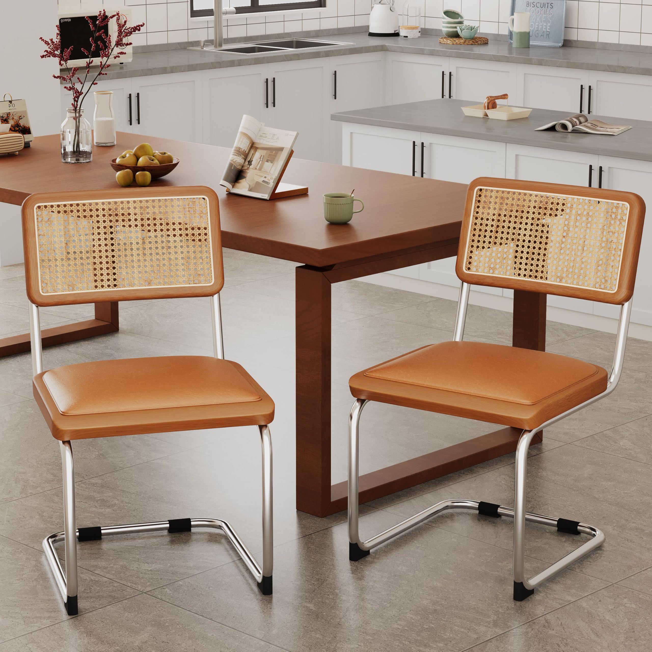 Alunaune Modern Mid Century Dining Chairs Set of 2, Upholstered Natural Rattan Kitchen Chairs Accent Chair, Armless Side Chairs with Metal Chrome Legs for Bedroom Living Room-Brown