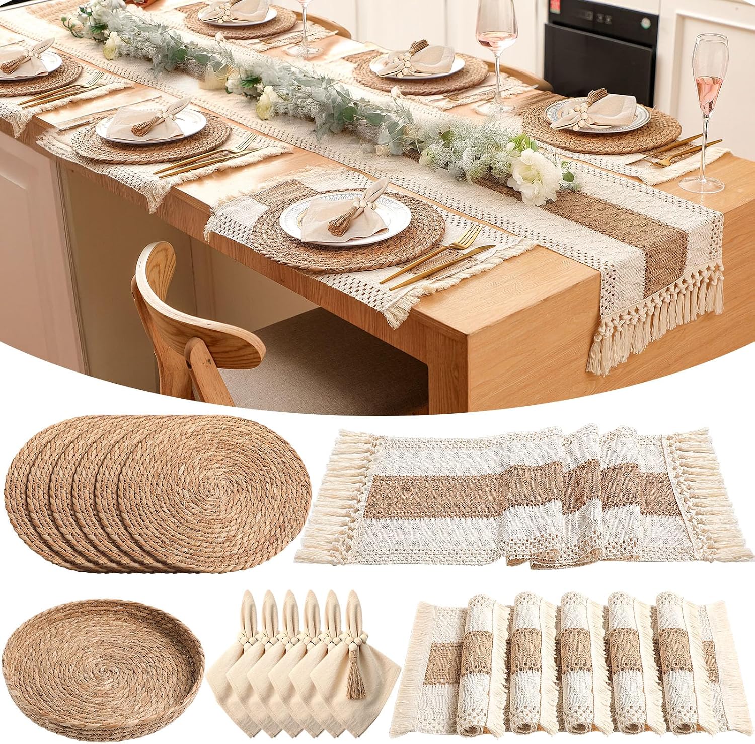 6 Sets Boho Decoration Placemats Round Woven Placemats, Cloth Napkins, Wood Bead Napkin Rings, Long Table Runner and Farmhouse Burlap Cotton for Table Kitchen (Khaki,12x72)