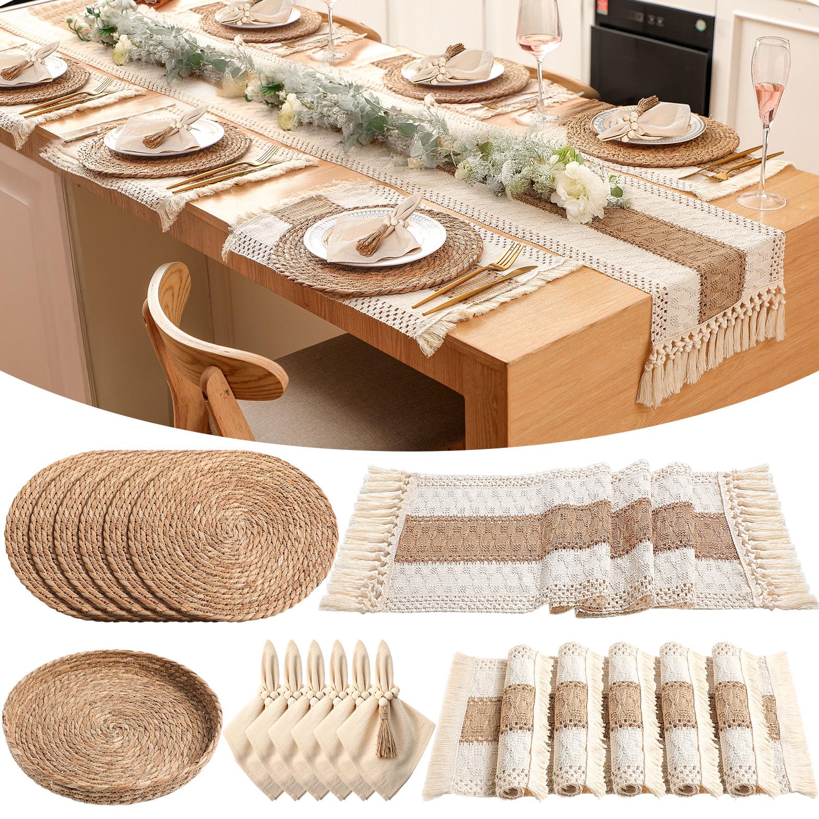 6 Sets Boho Decoration Placemats Round Woven Placemats, Cloth Napkins, Wood Bead Napkin Rings, Long Table Runner and Farmhouse Burlap Cotton for Table Kitchen (Khaki,12x72)