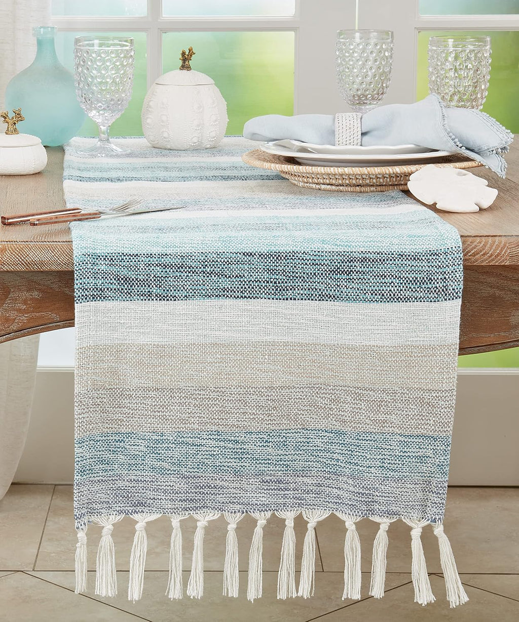 SARO LIFESTYLE Striped Table Runner with Fringe - Woven Cotton Blend Table Runner for Dining Table, Kitchen Table, Farmhouse and Rustic Home Décor