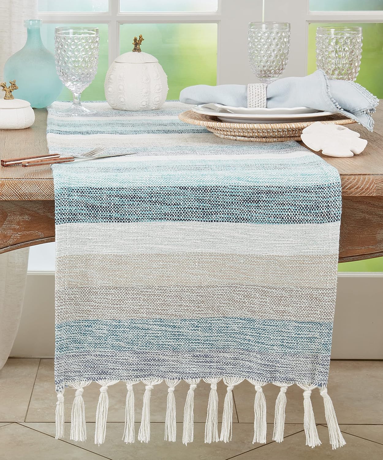 SARO LIFESTYLE Striped Table Runner with Fringe - Woven Cotton Blend Table Runner for Dining Table, Kitchen Table, Farmhouse and Rustic Home Décor