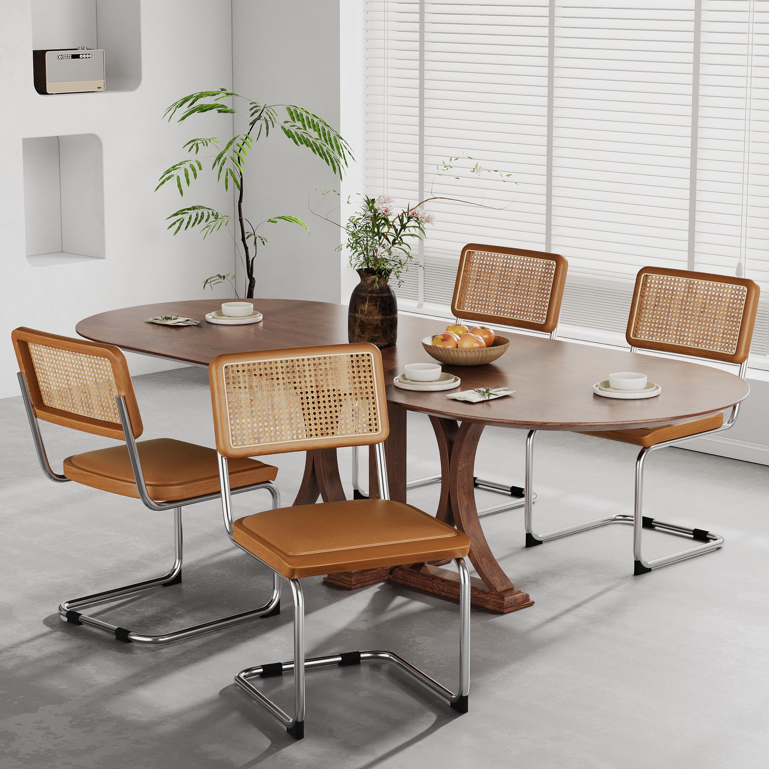 Alunaune Modern Mid Century Dining Chairs Set of 2, Upholstered Natural Rattan Kitchen Chairs Accent Chair, Armless Side Chairs with Metal Chrome Legs for Bedroom Living Room-Brown